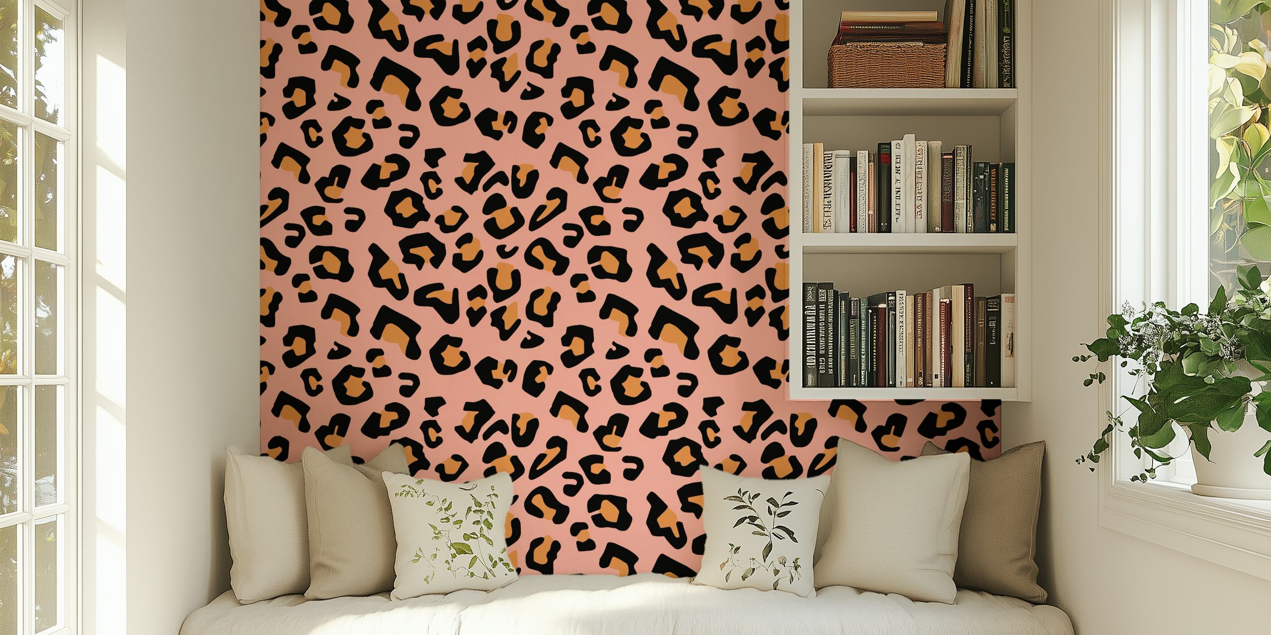 Modern leopard print pattern wall mural on a pale pink background