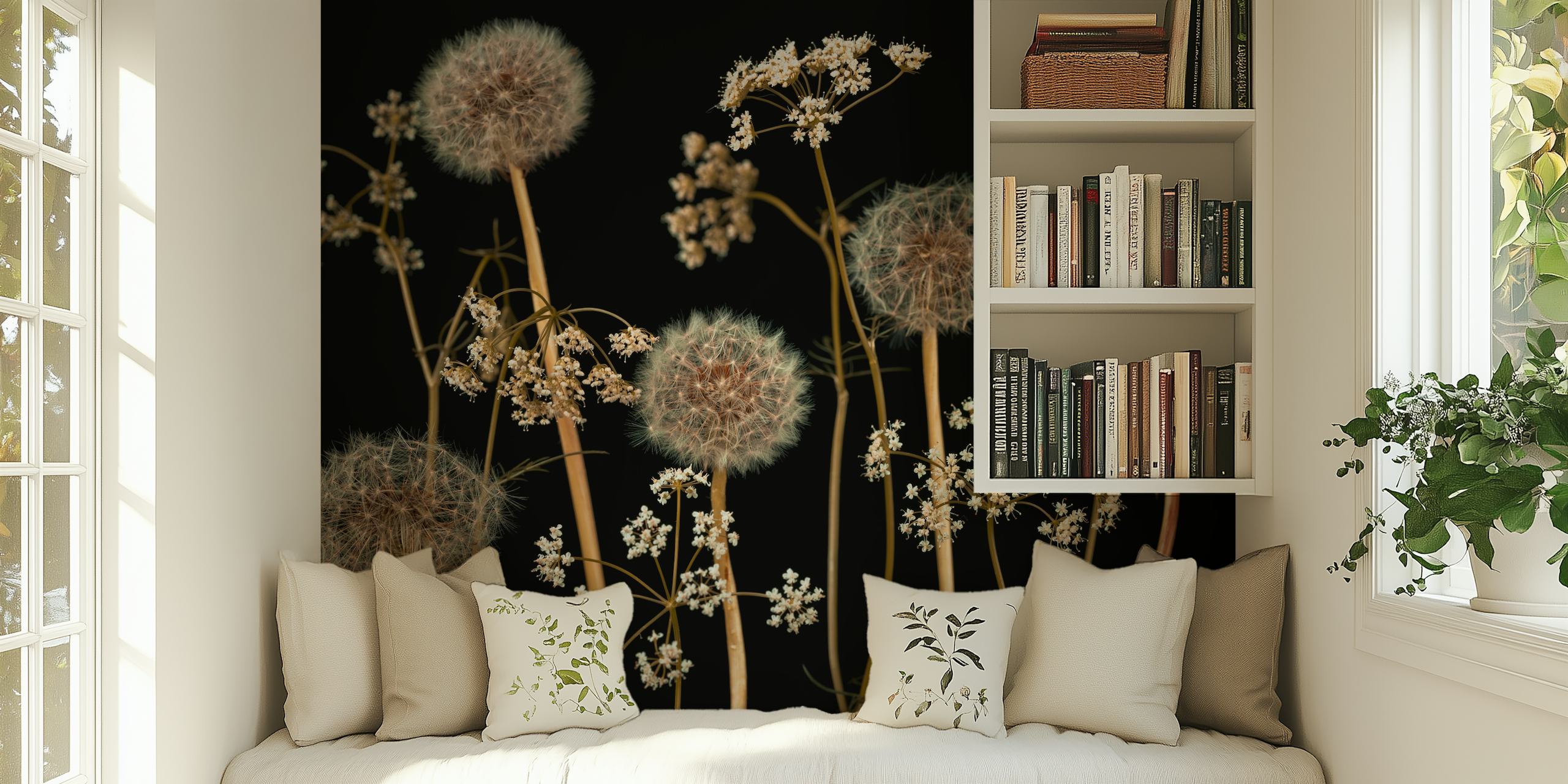Dandelion flowers with intricate white blossoms on black background wallpaper