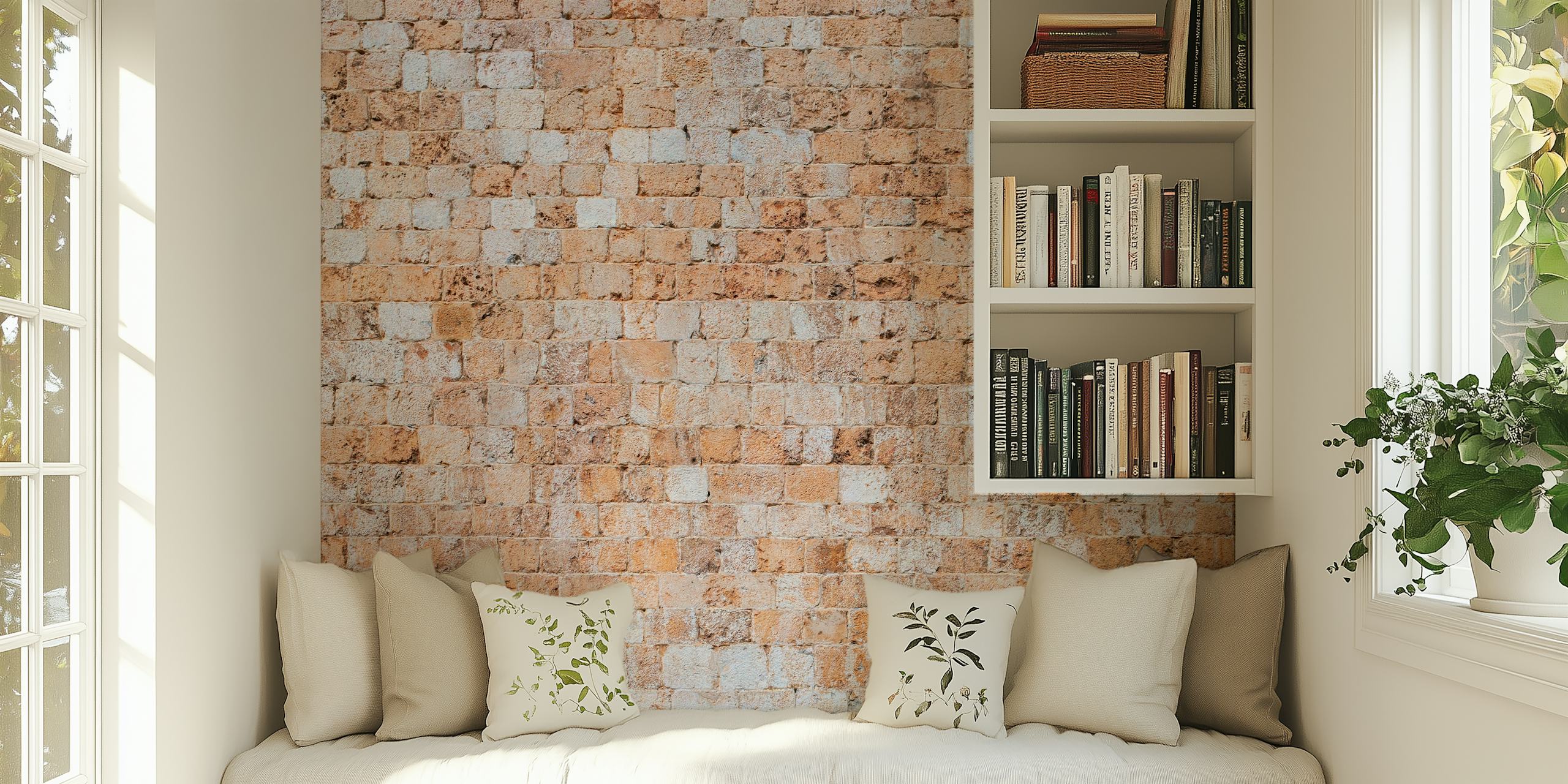 Natural stone wall wallpaper with beige and cream tiles
