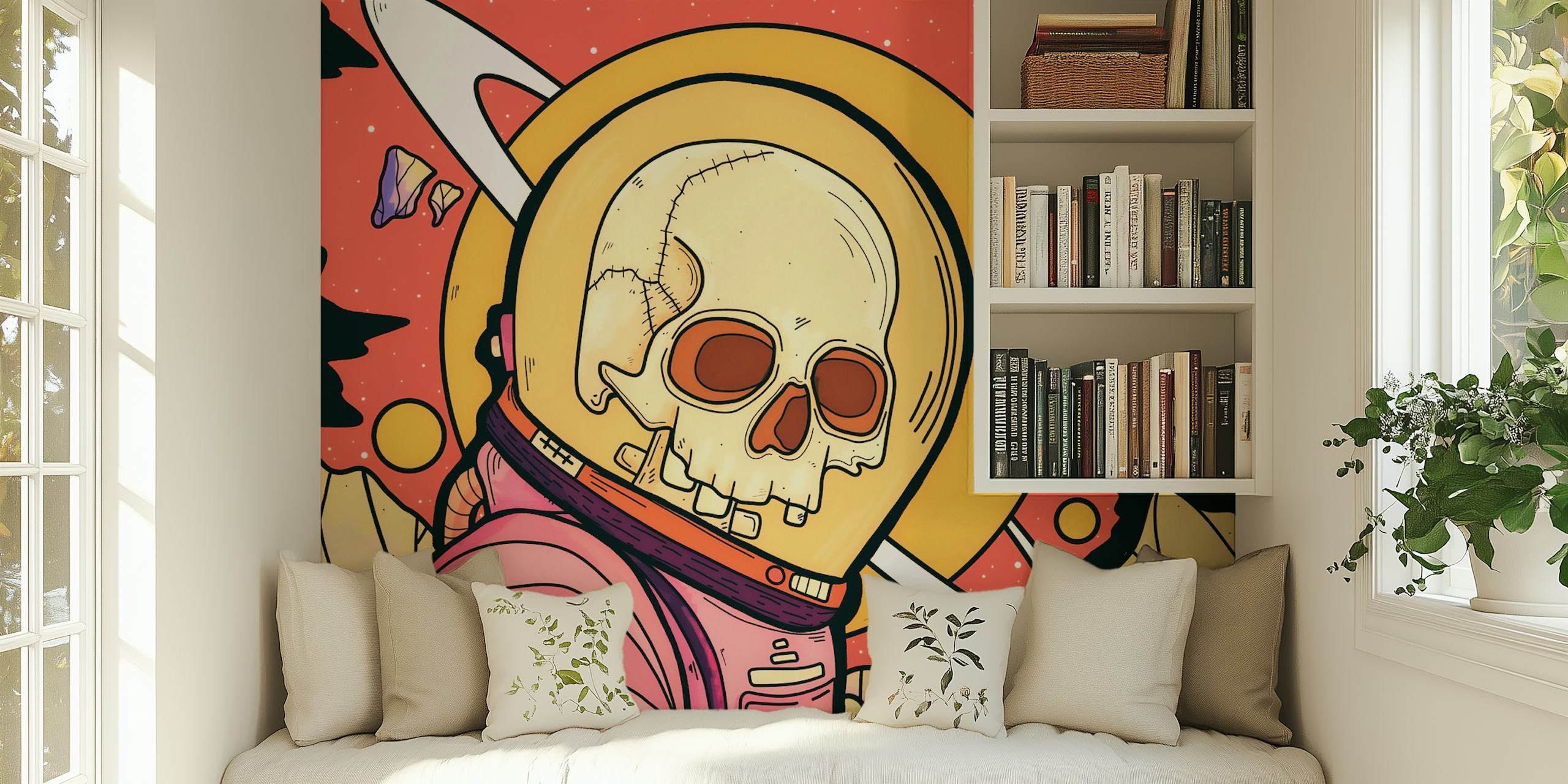 Vivid wall mural featuring a skull-faced astronaut with cosmic background.