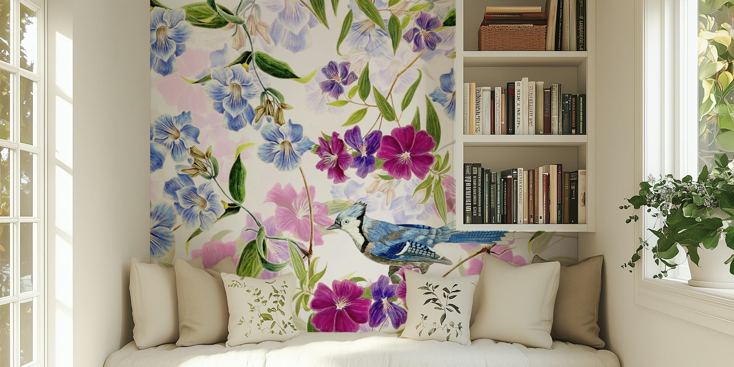 A wall mural featuring a blue jay among blue and purple flowers with green leaves on a white background