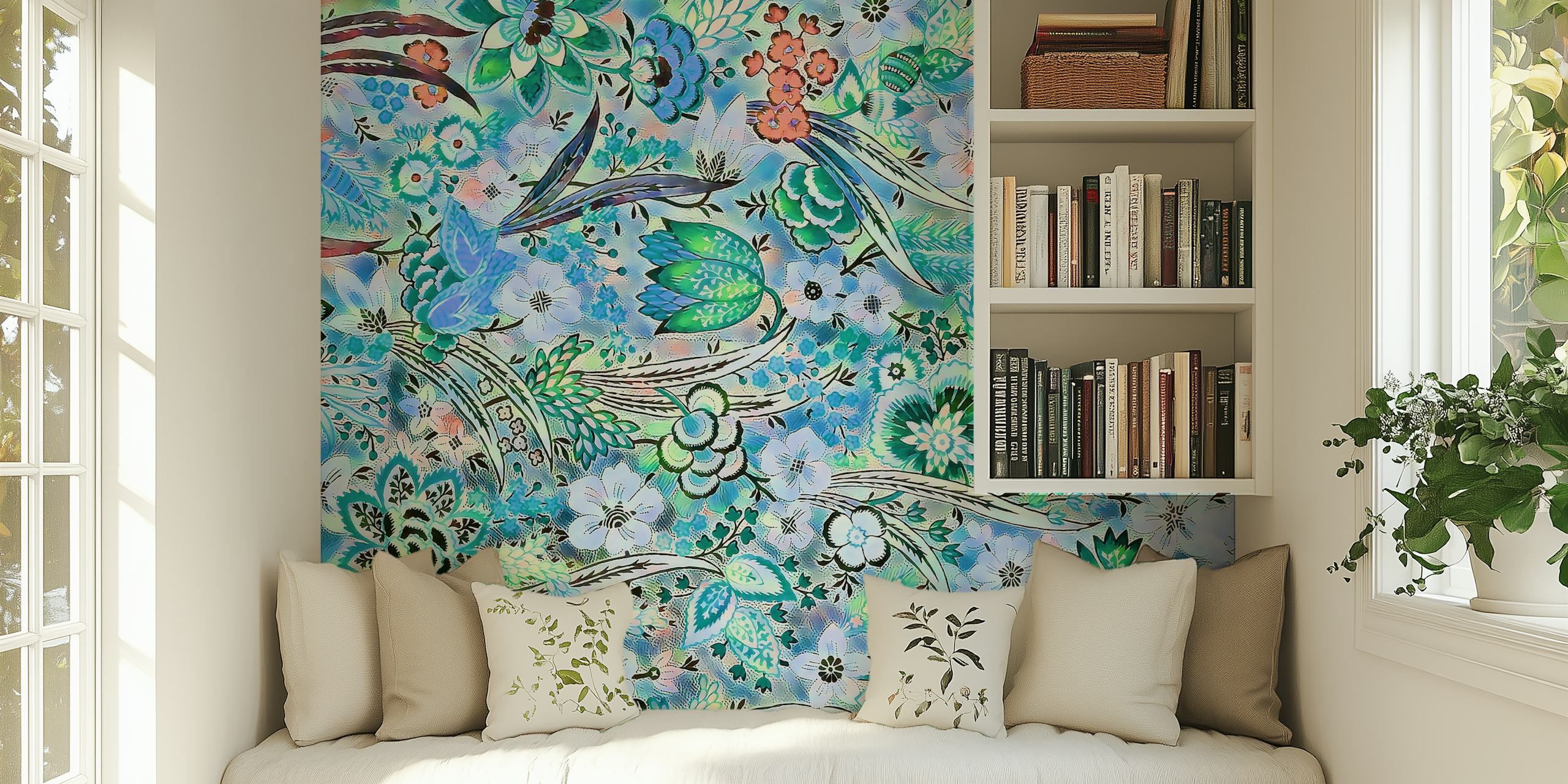 Peonies and Roses wall mural in mint blue with lush floral patterns