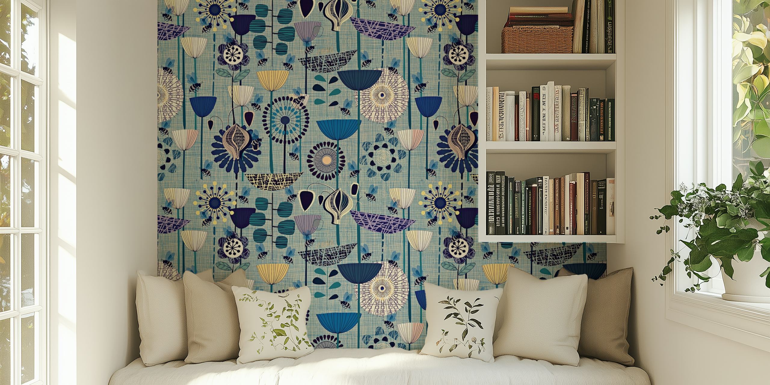 Navy floral wallpaper with bees pattern