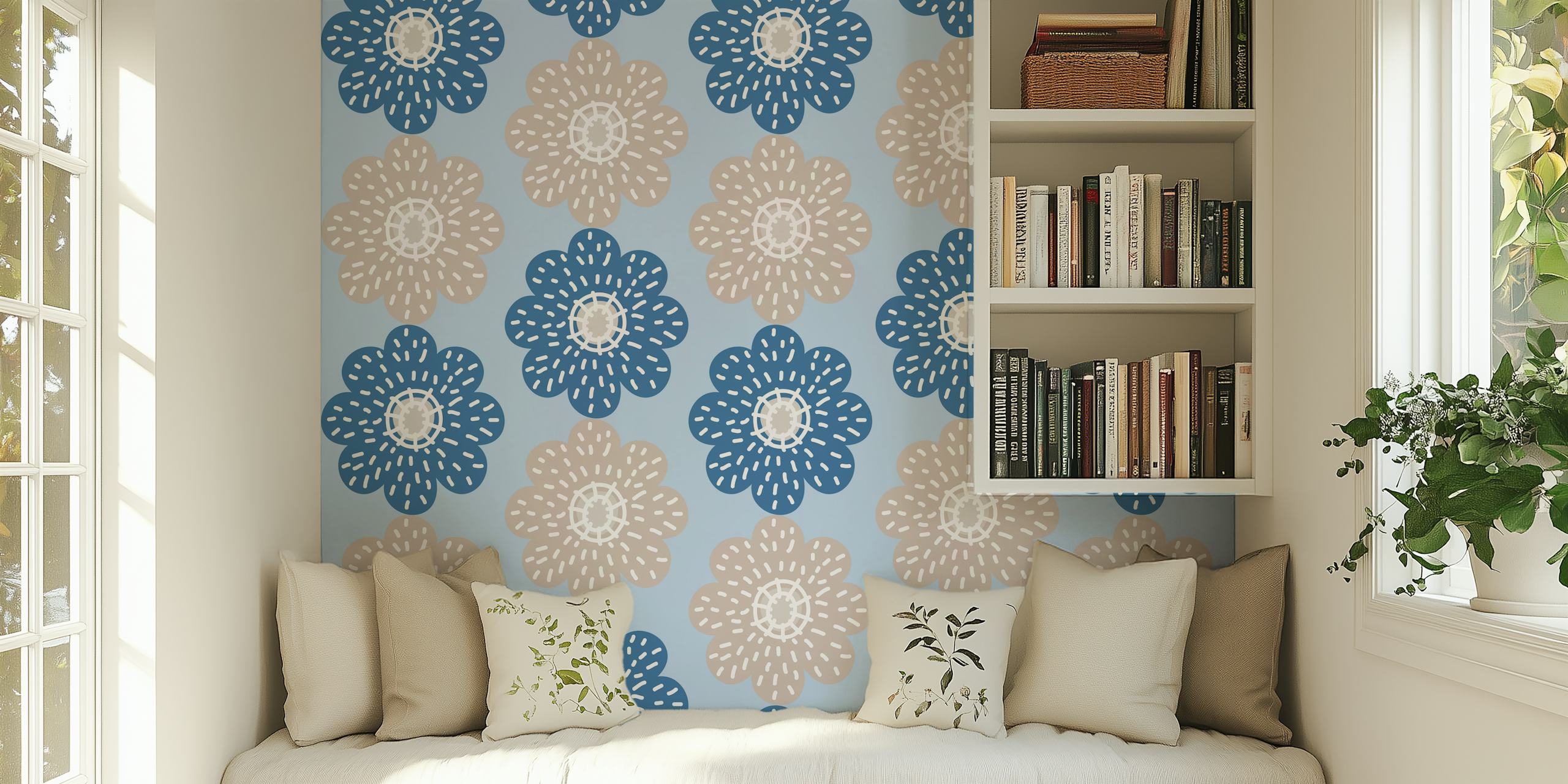 Papier peint Sky Blue Daisy Pattern affiché dans une pièce
