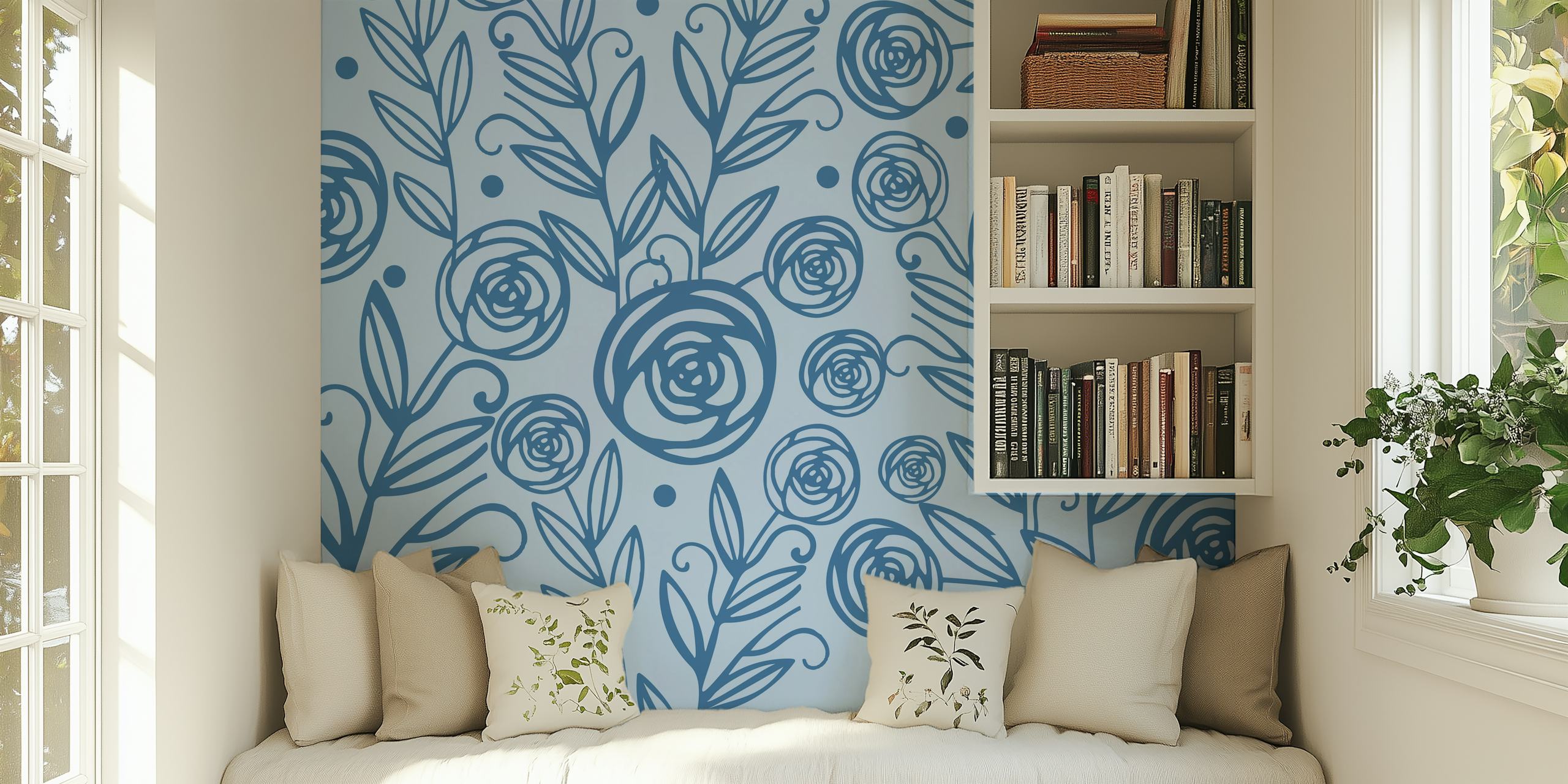 Granatowy wzór róż na fototapecie