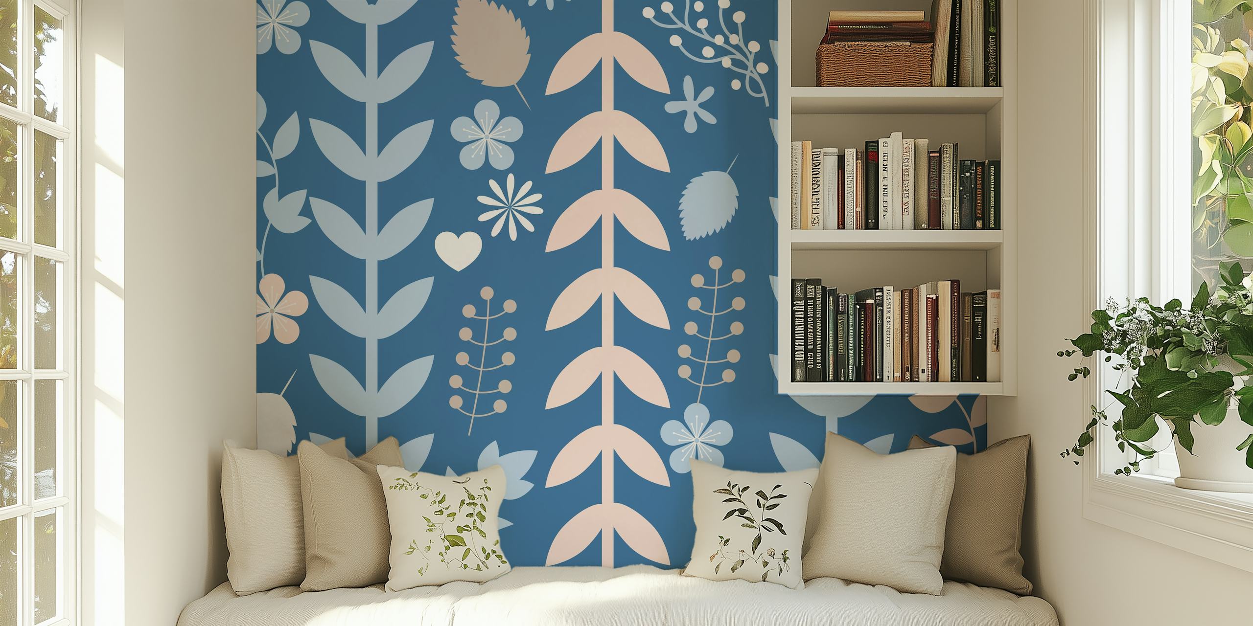 Naklejka ścienna Denim Blue Pink Leaves przedstawiająca botaniczne wzory liści w kolorze różowym i dżinsowym na stonowanym niebieskim tle.