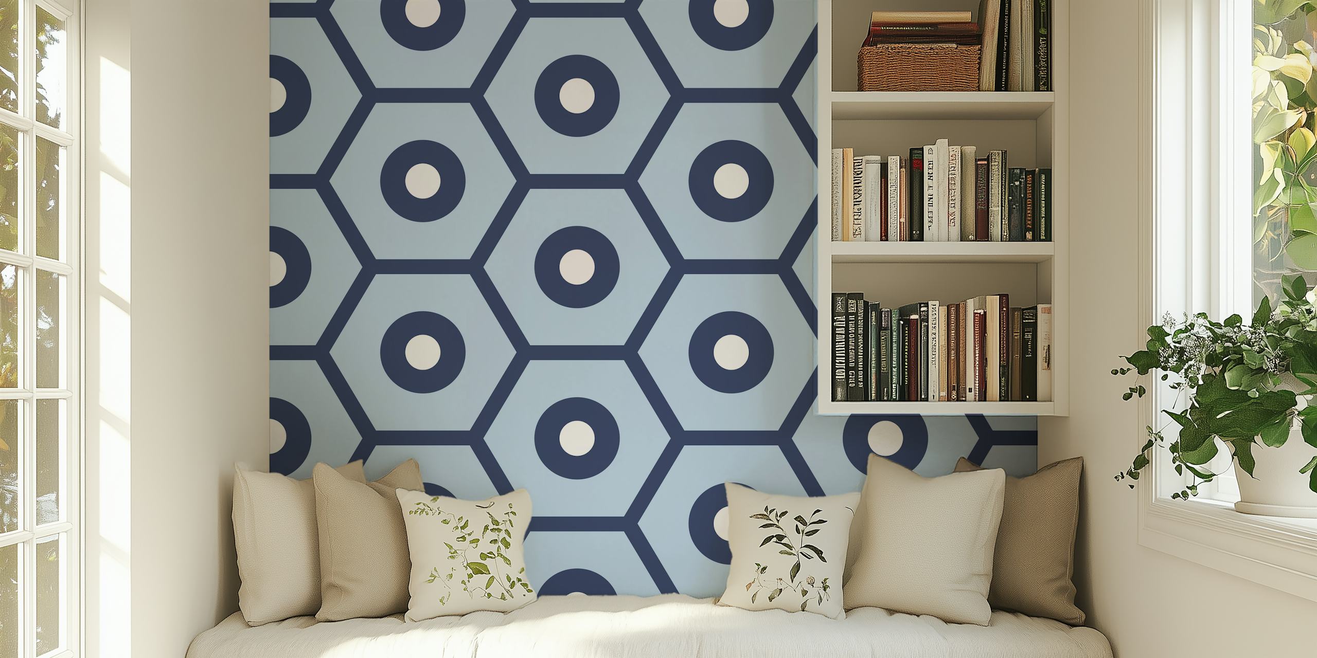 Sky Blue Hexagon Grid Tapete in einem Raum