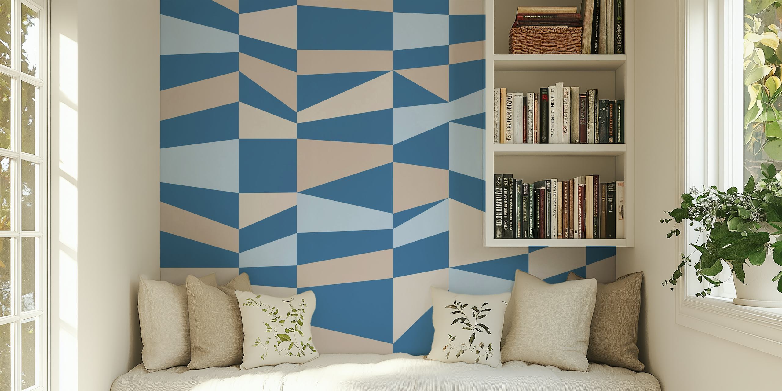 Blue and beige geometric pattern wallpaper