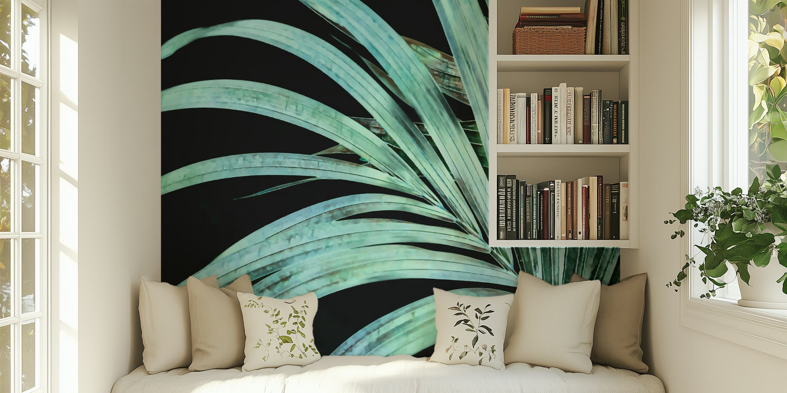 Tropical palm leaves in light turquoise color wallpaper