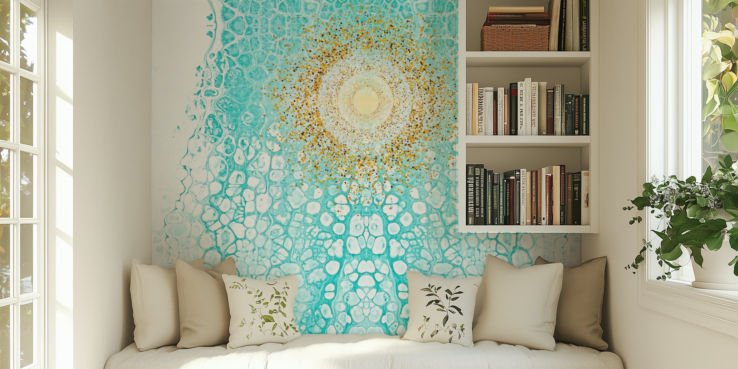 Trendy glitter sun ocean water wallpaper in a room