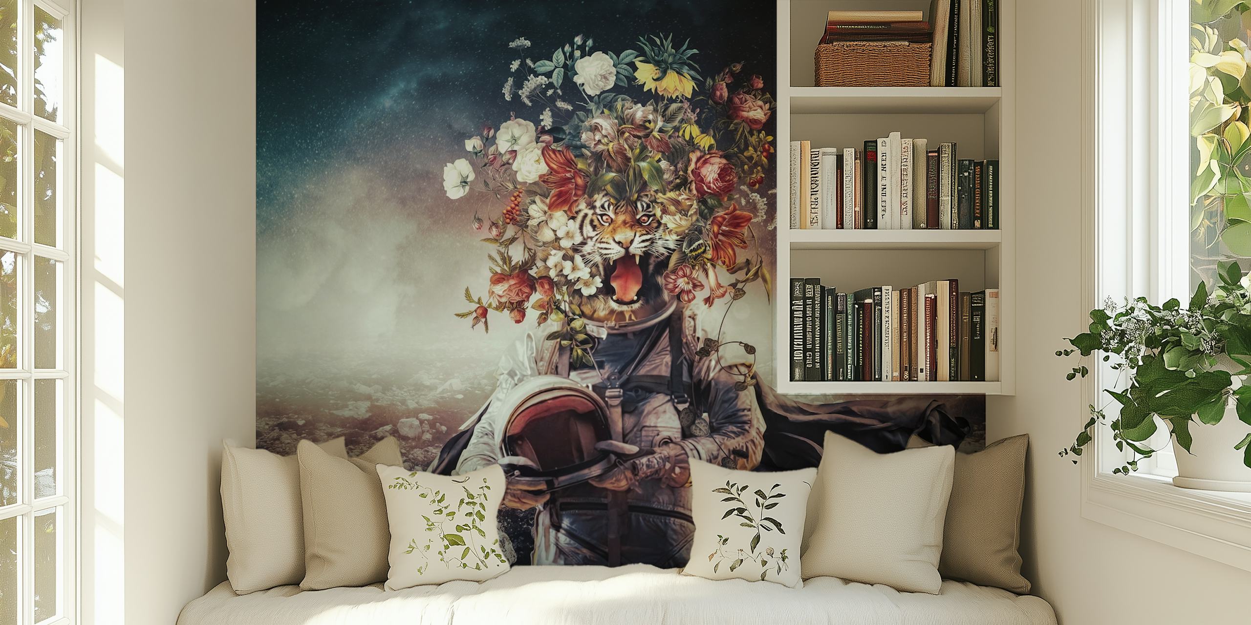 Katze in Astronautenkostüm mit Blumen