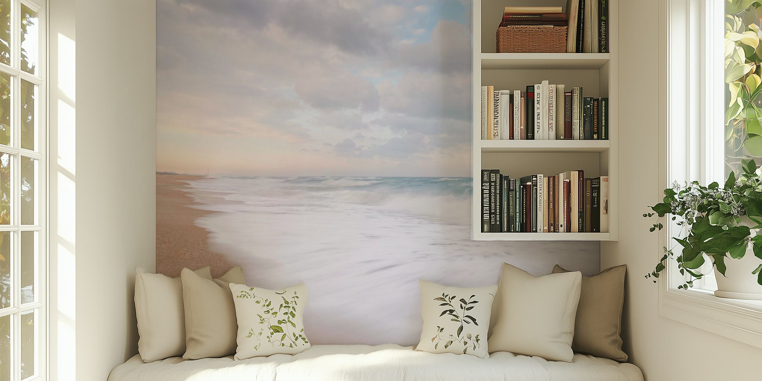 Soothing beach wall mural with gentle waves and soft sands