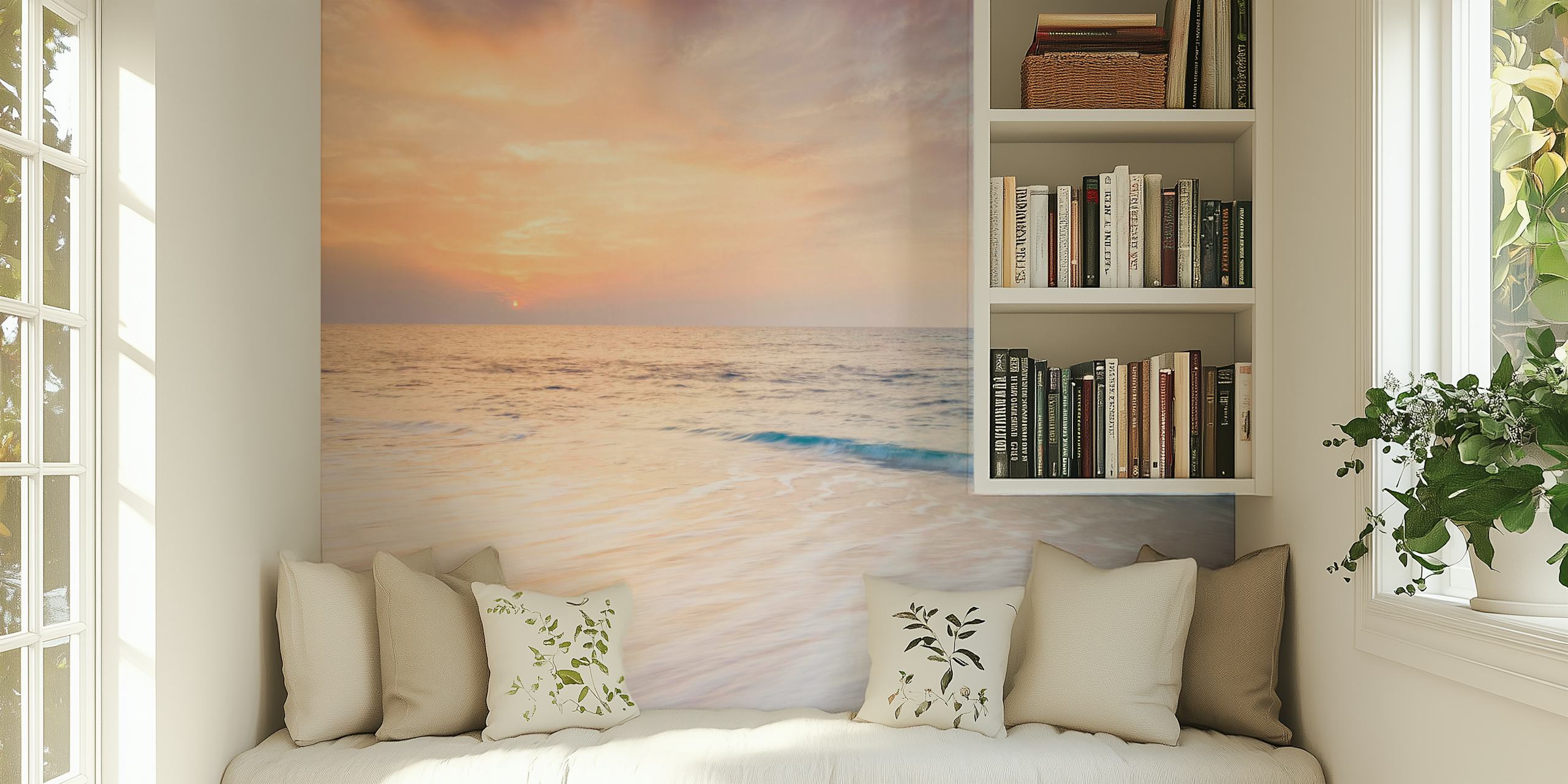 Seascape with sunset hues of orange and blue, peaceful beach wallpaper