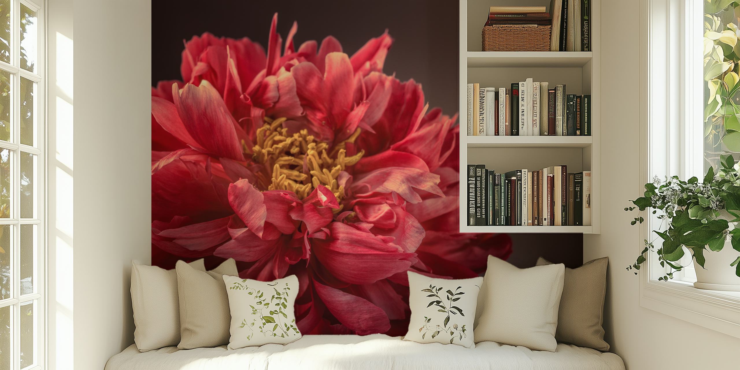 Red peony flower with intricate petals and yellow center wallpaper