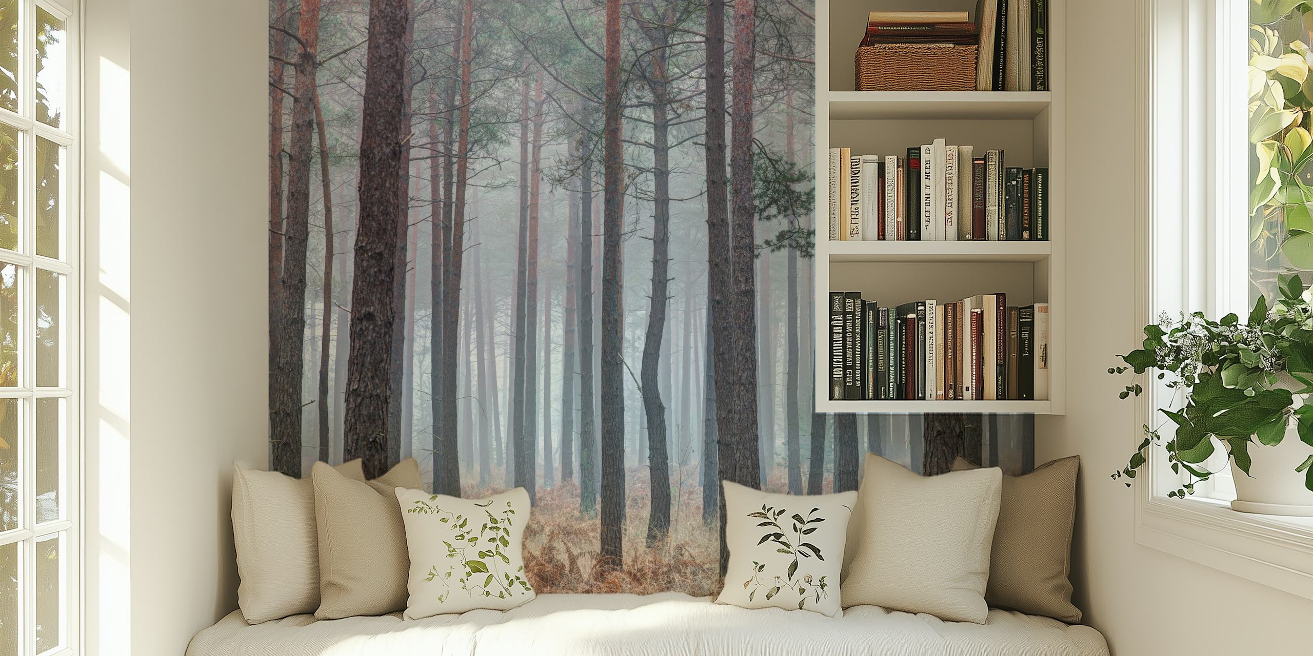 Misty forest with tall trees papel pintado