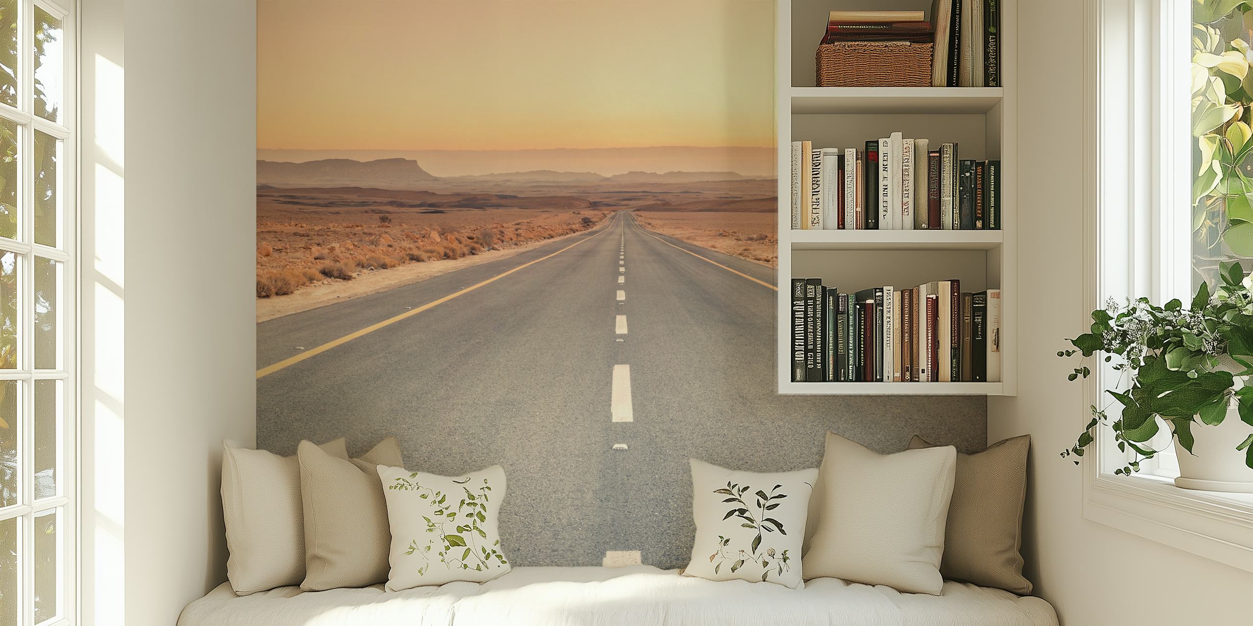 A long desert road with muted tones and vast landscape wallpaper