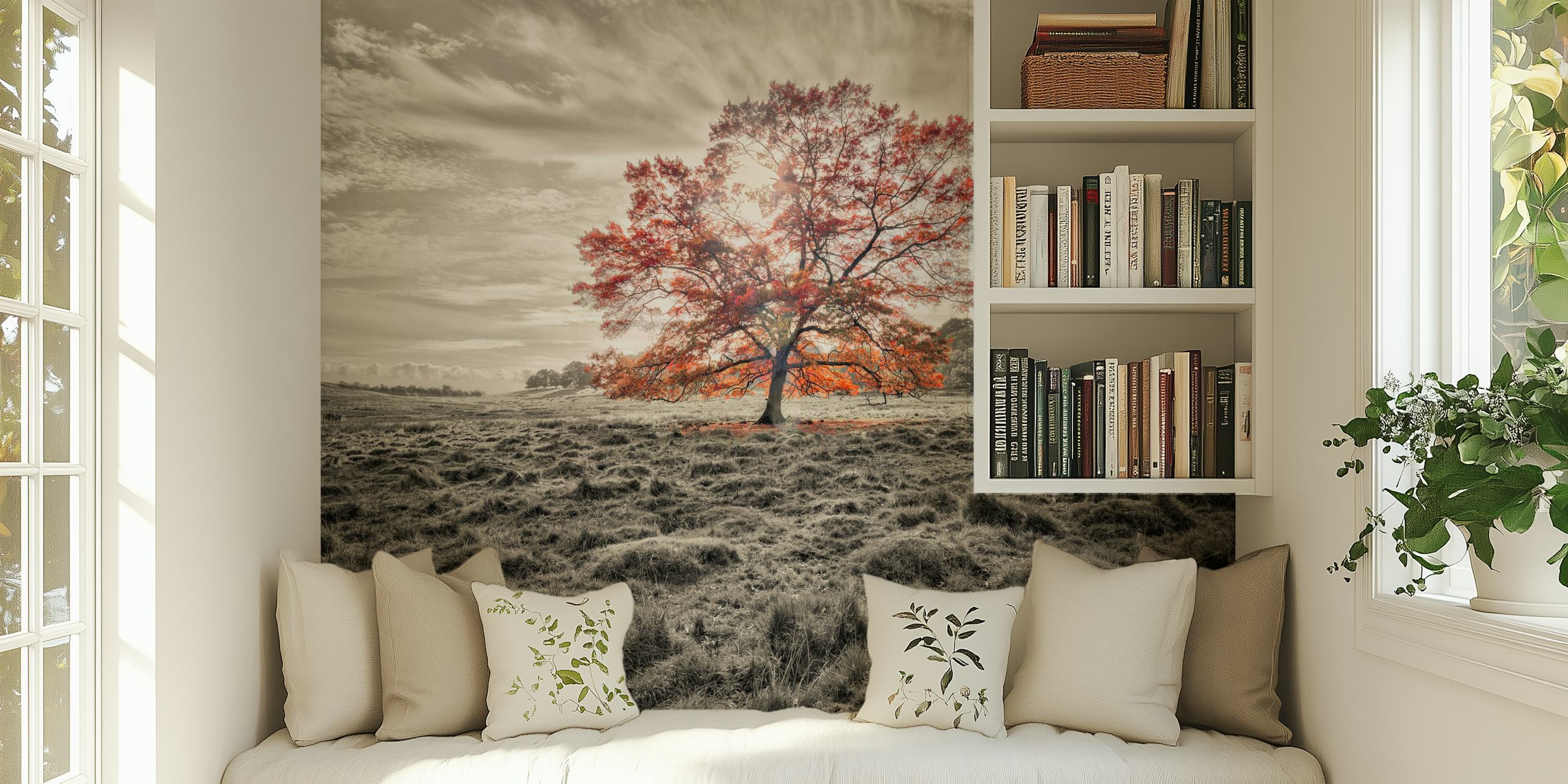 Single autumn tree with orange leaves in black and white wallpaper