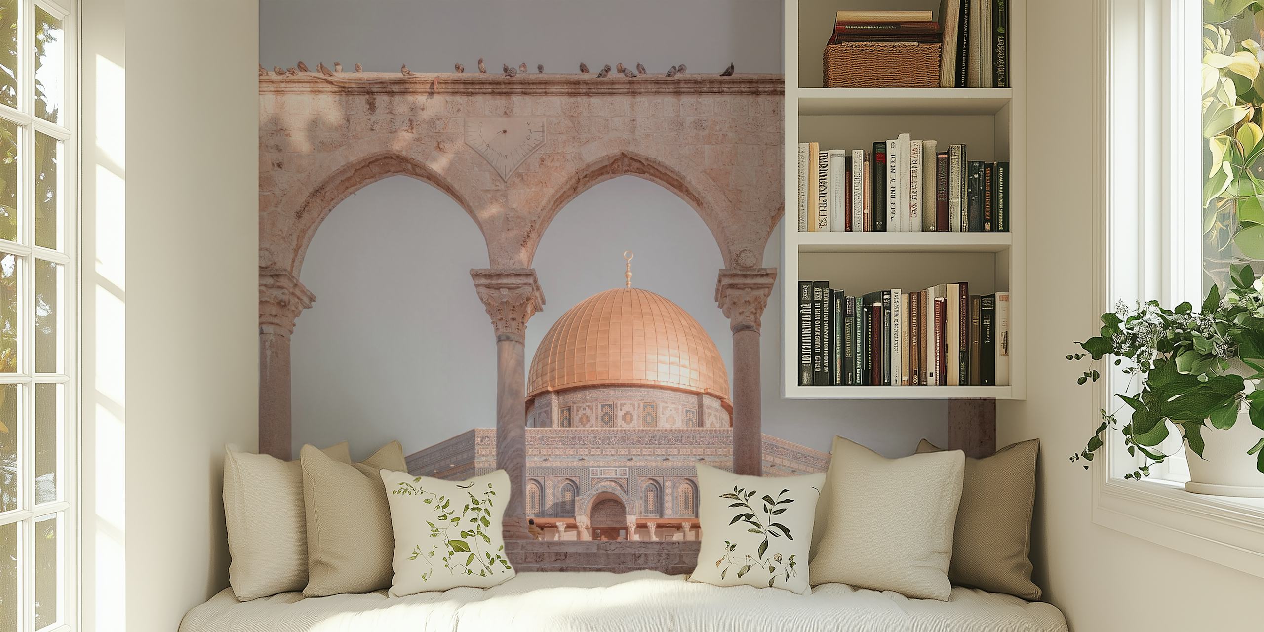 Al-Aqsa Mosque with golden dome and arches in soft earthy colors wallpaper