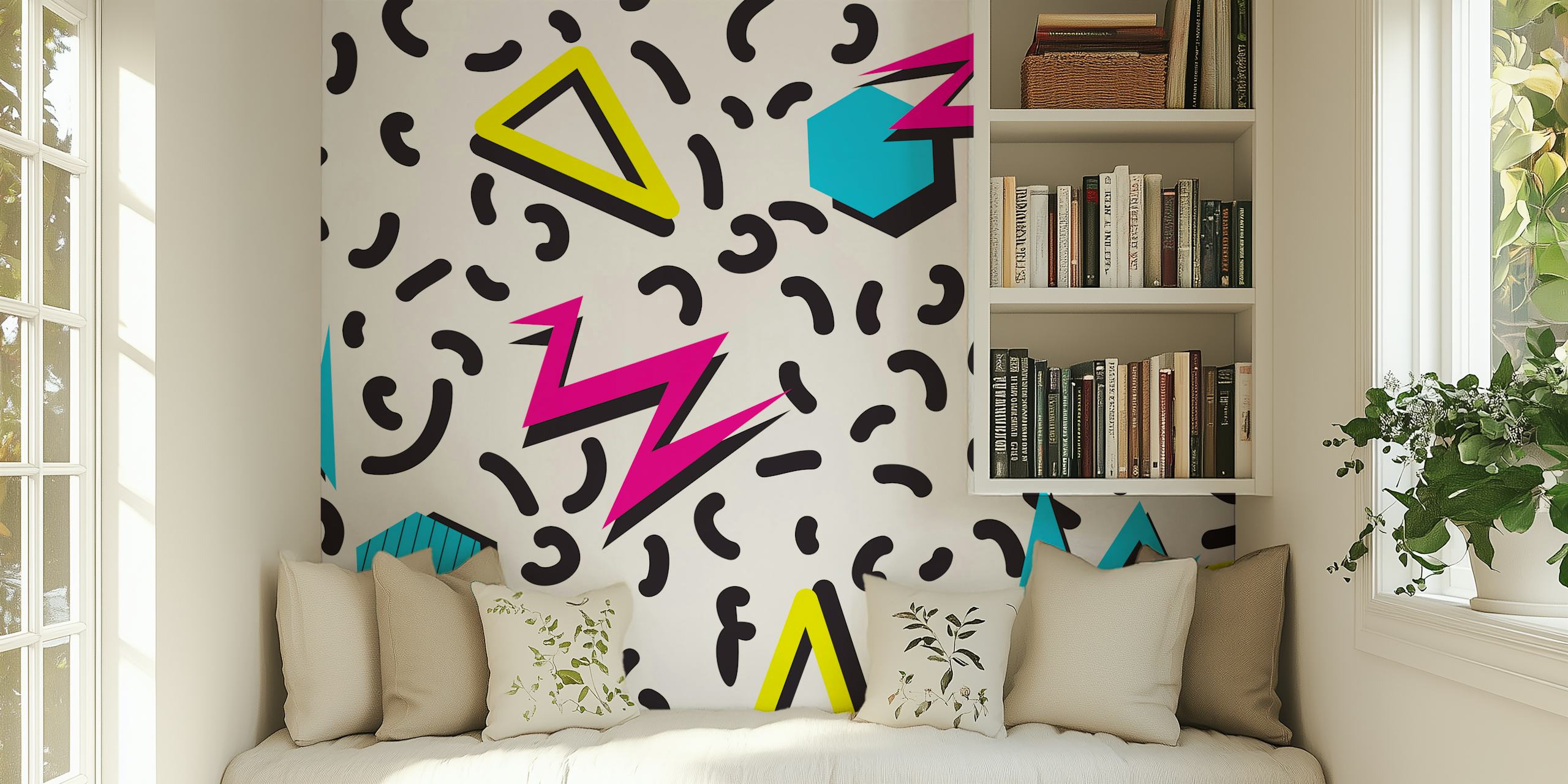 Trendy neonkleurige geometrische vormen en doodles muurschildering