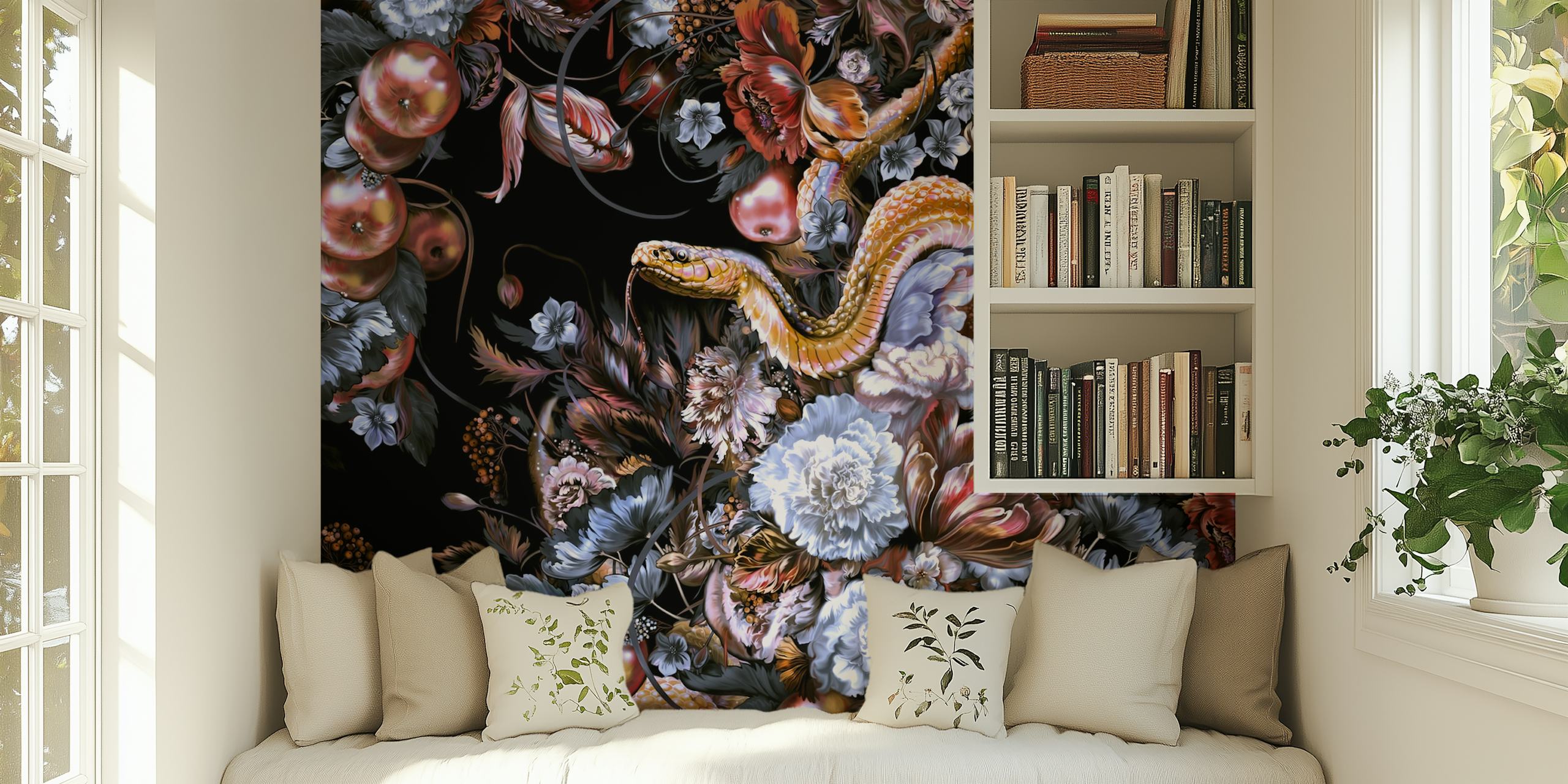 Colorful snake and floral patterns on black background wallpaper