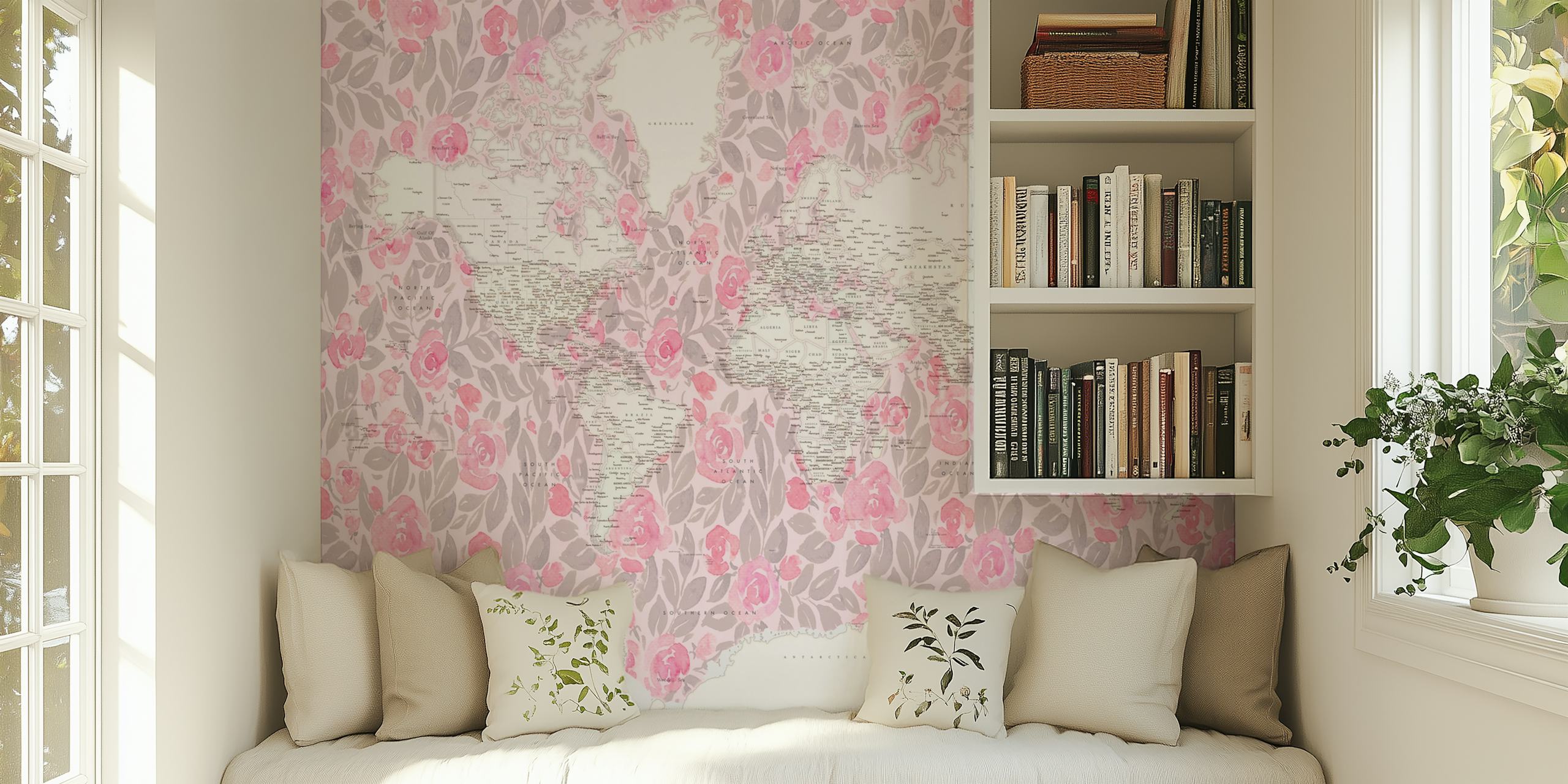 Fototapeta Stylizovaná mapa světa se zaměřením na Antarktidu, zdobená růžovými a bílými vzory