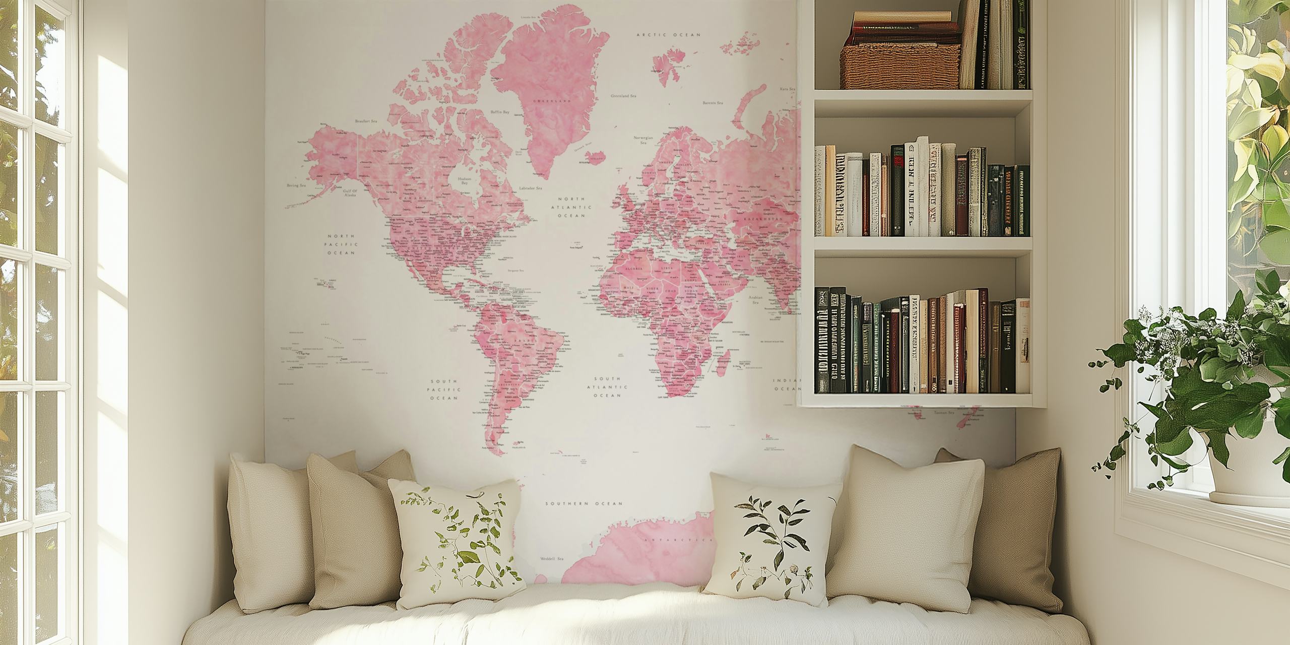 Elegant pink world map wall mural with highlighted Antarctica