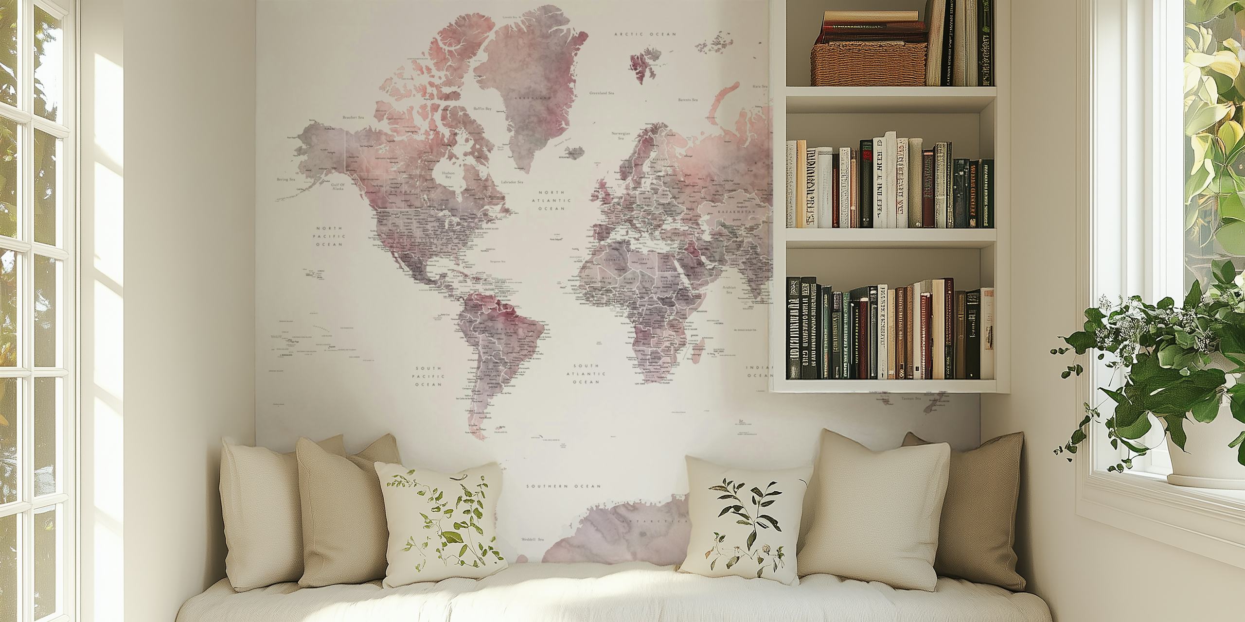 World map wallpaper with pink tones