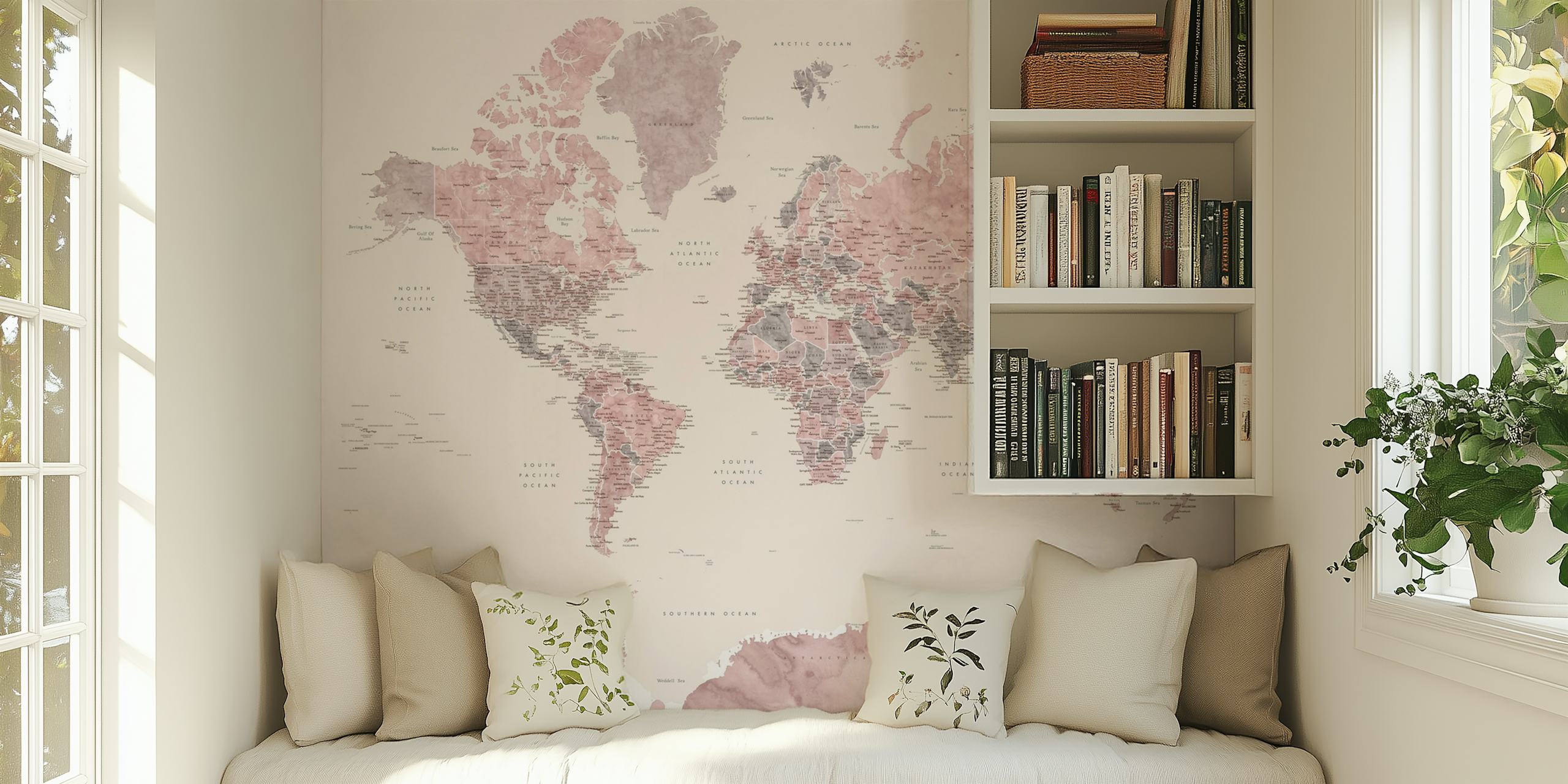 Soft pink world map with Antarctica wall mural for interior decoration