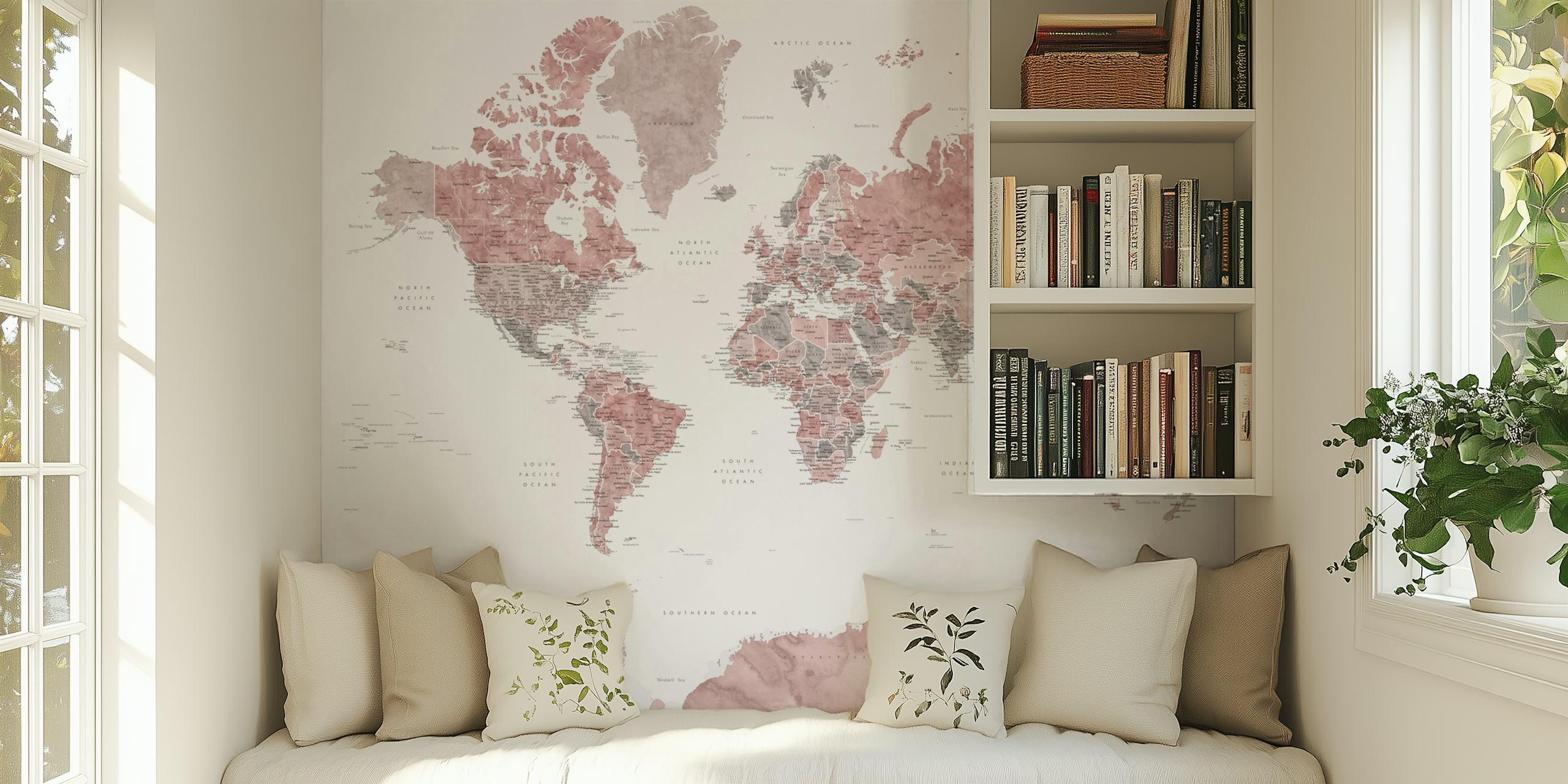 Pink world map detailing continents and countries, wallpaper