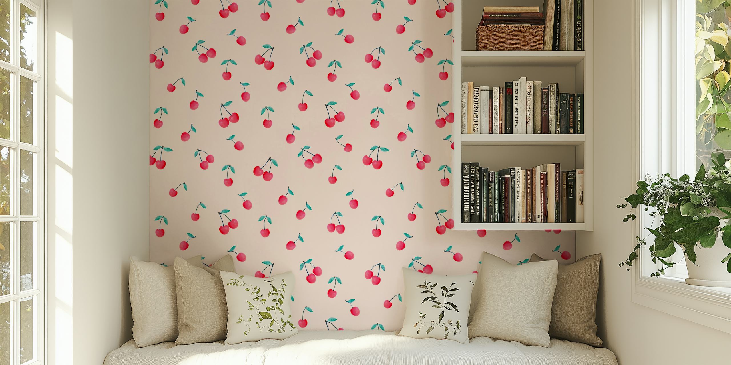 Cherry fruit pattern with green leaves on a light pink background wallpaper
