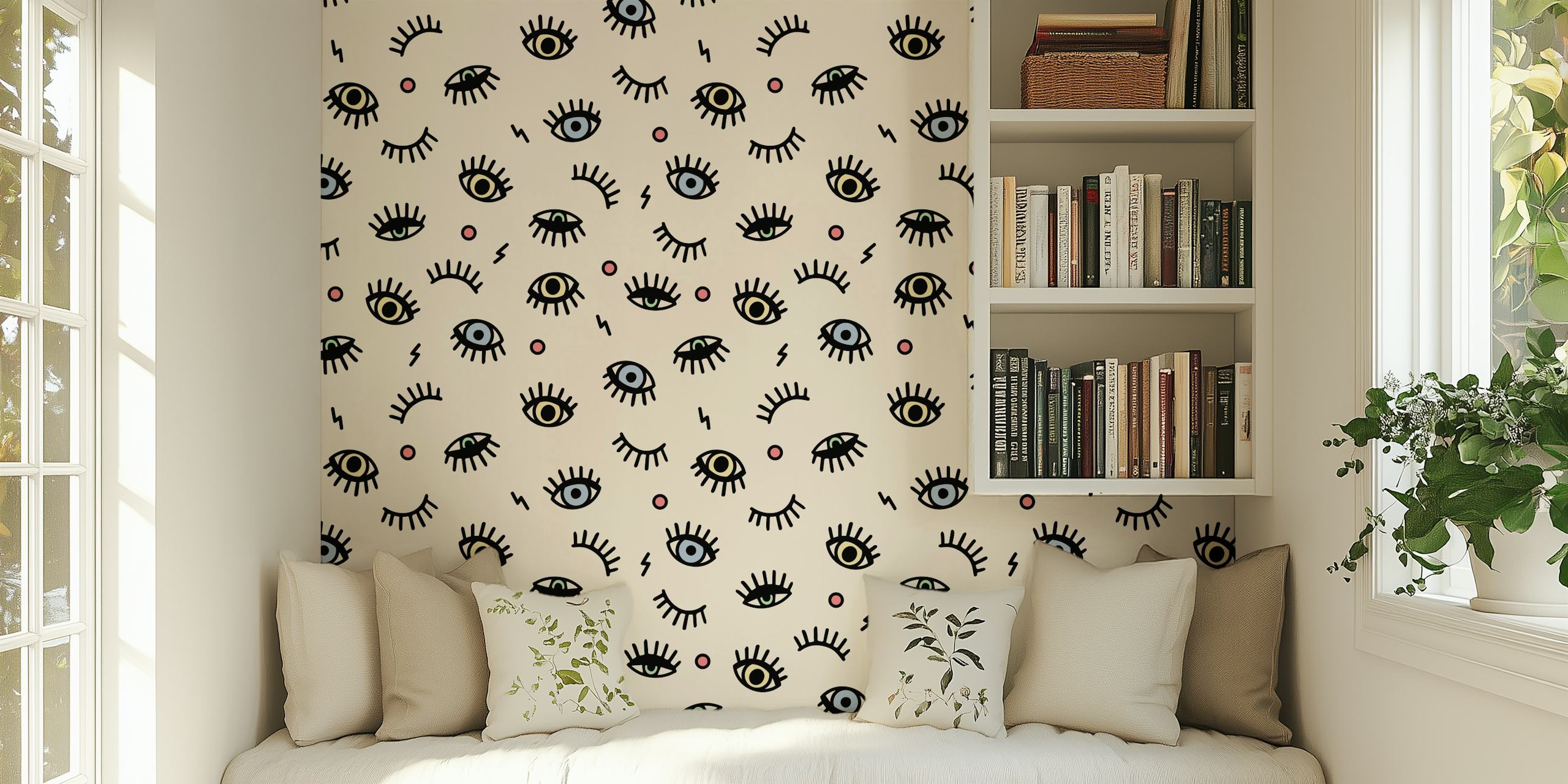 Colorful eye patterns on a beige background wallpaper
