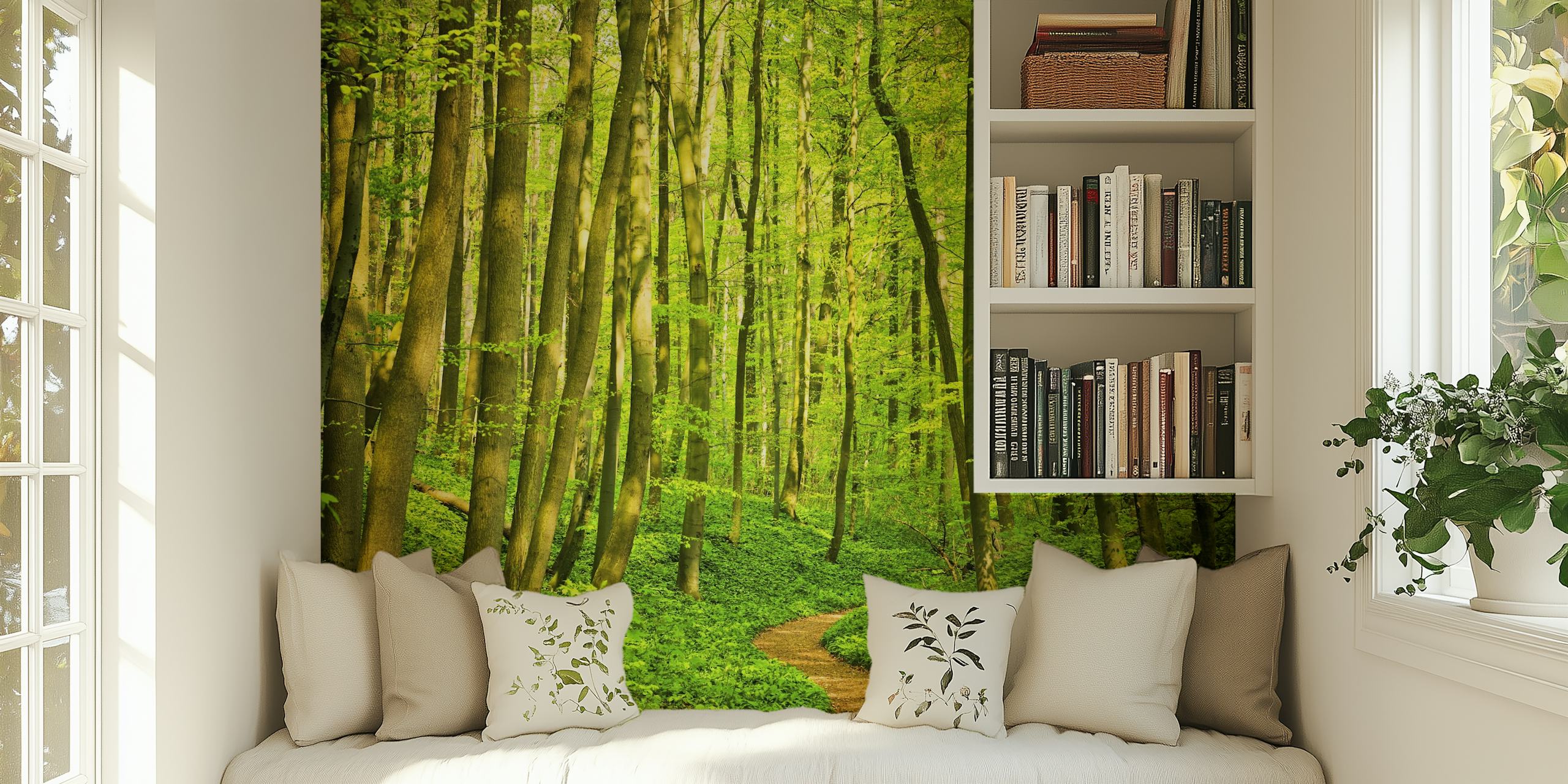 Green forest path wall mural with a winding dirt trail and lush foliage.