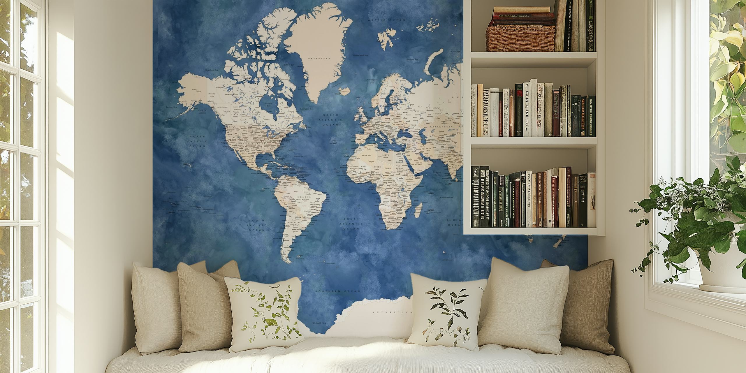 Carta da parati con mappa del mondo incentrata sull'Antartide nei toni del bianco e del blu