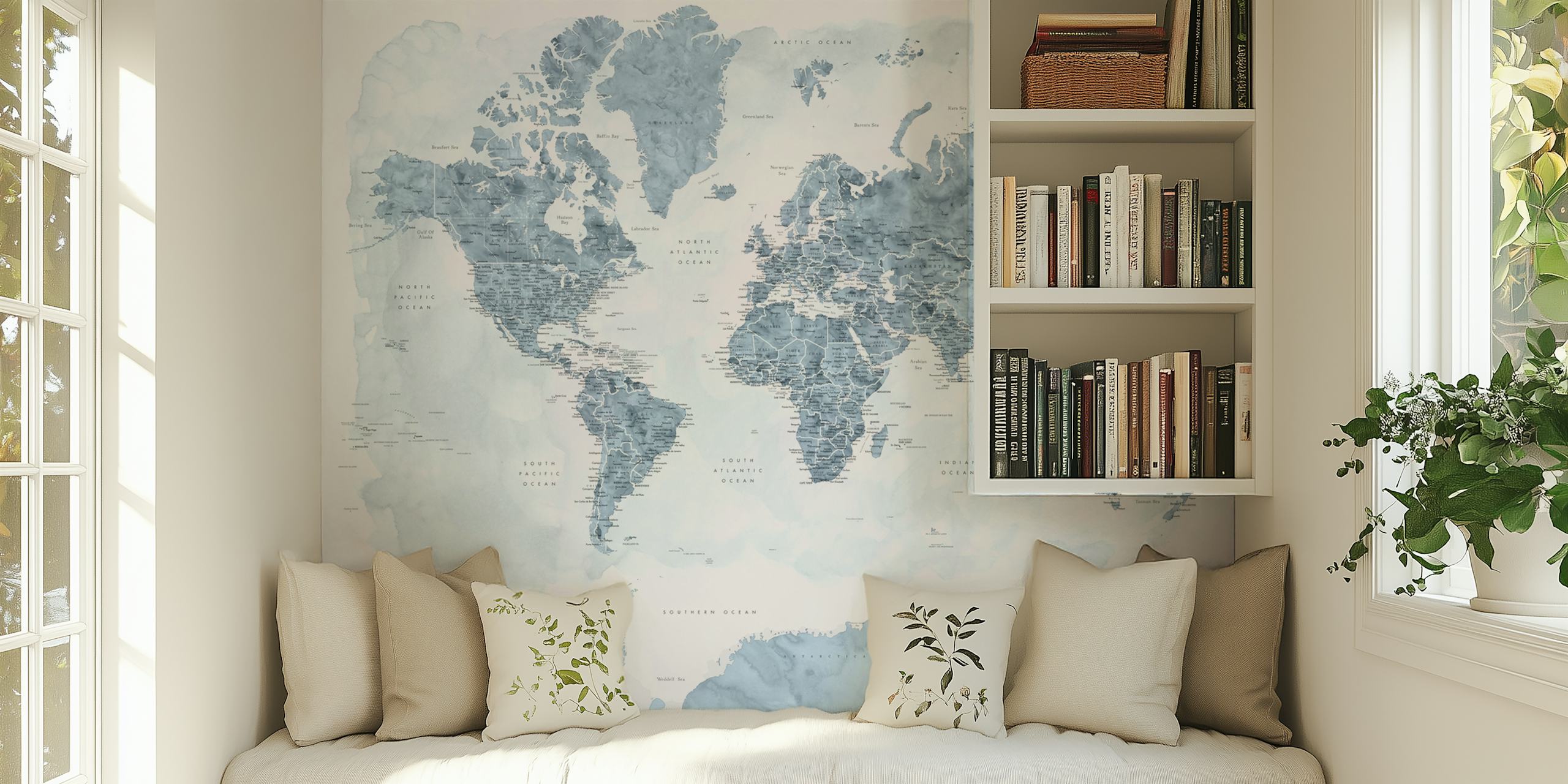 Stylized world map wall mural with pastel shades and Antarctica highlight