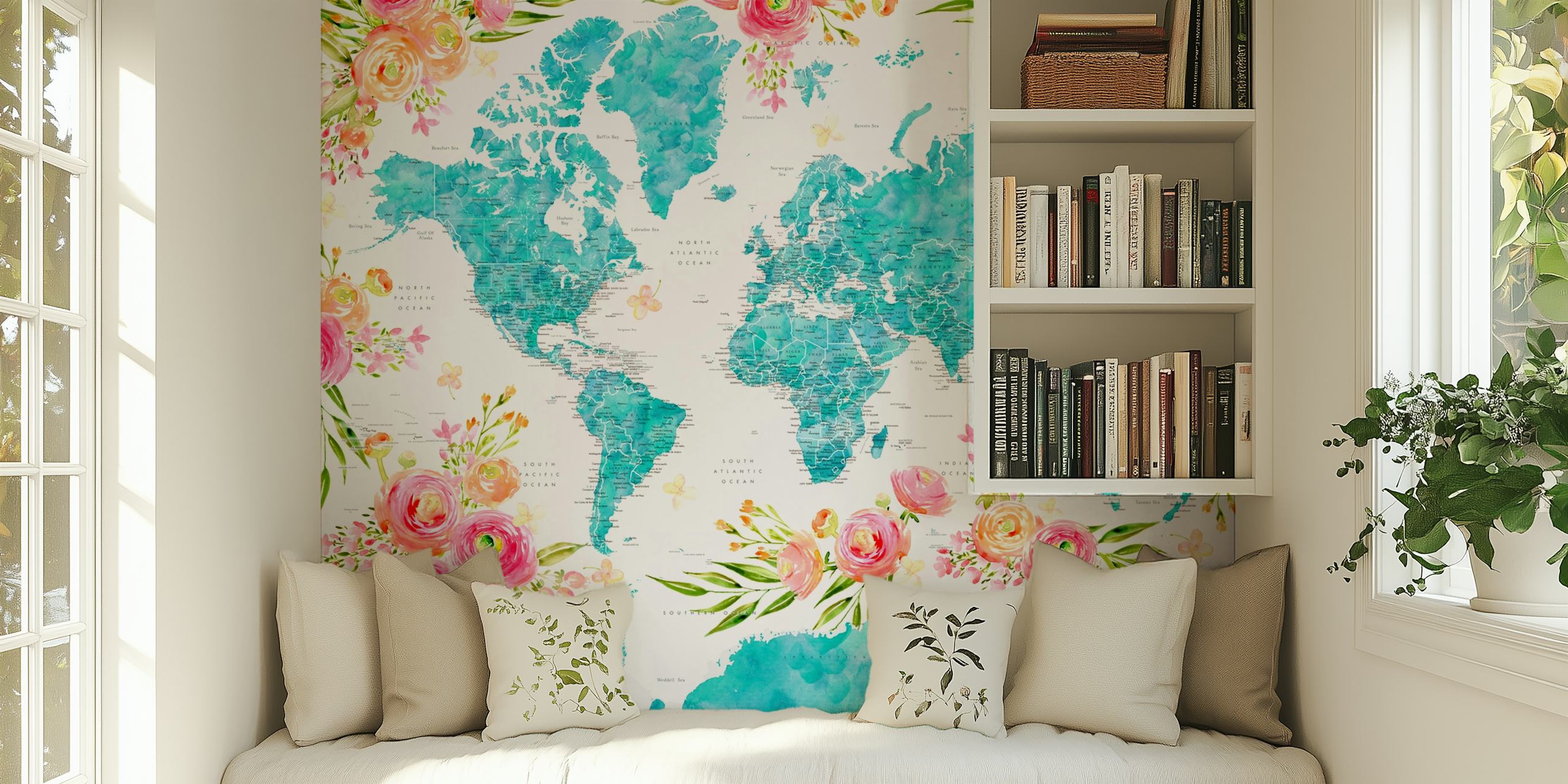 Colorful world map wall mural with floral patterns decorating the continents