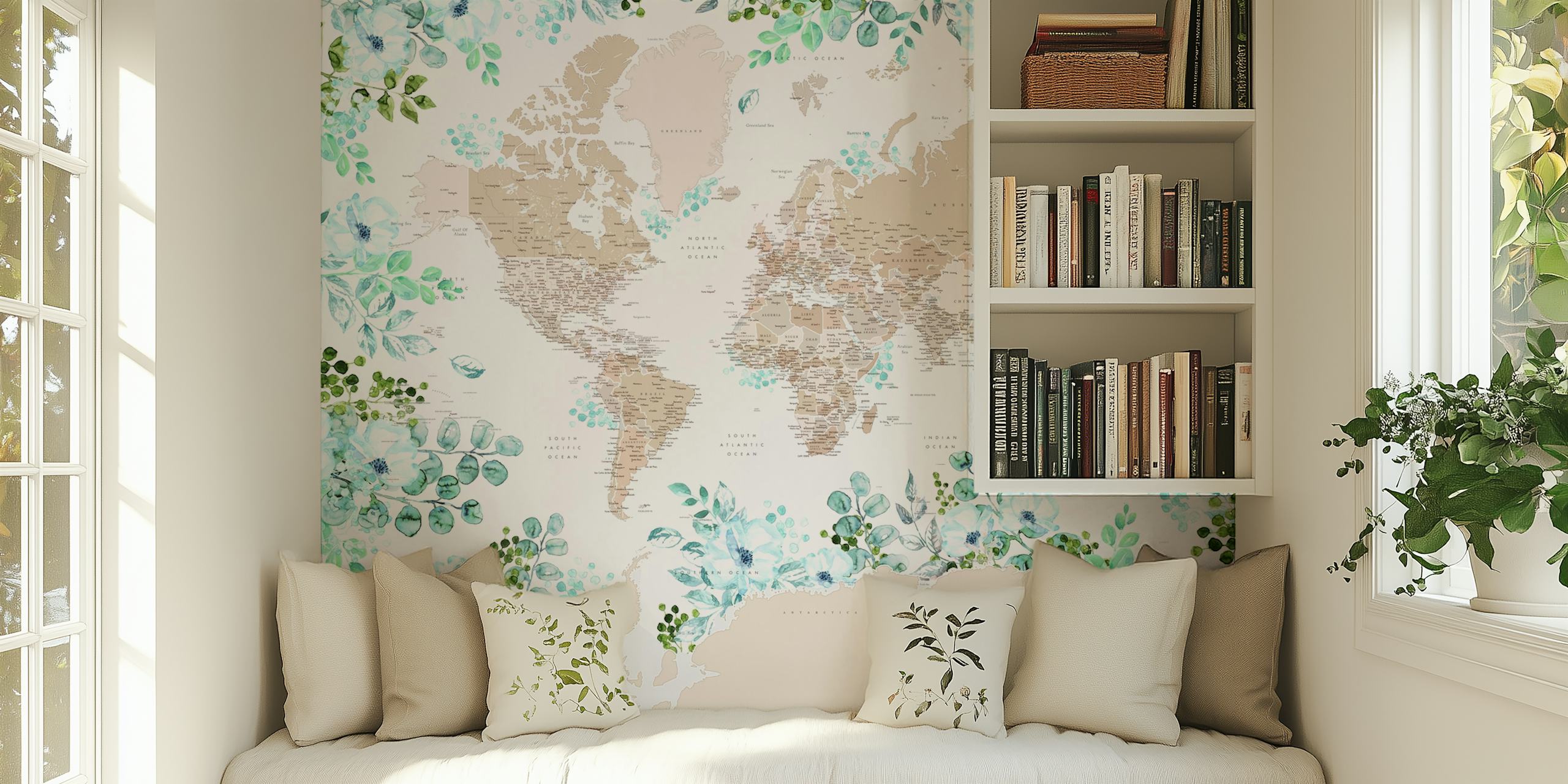 World map wallpaper with floral accents