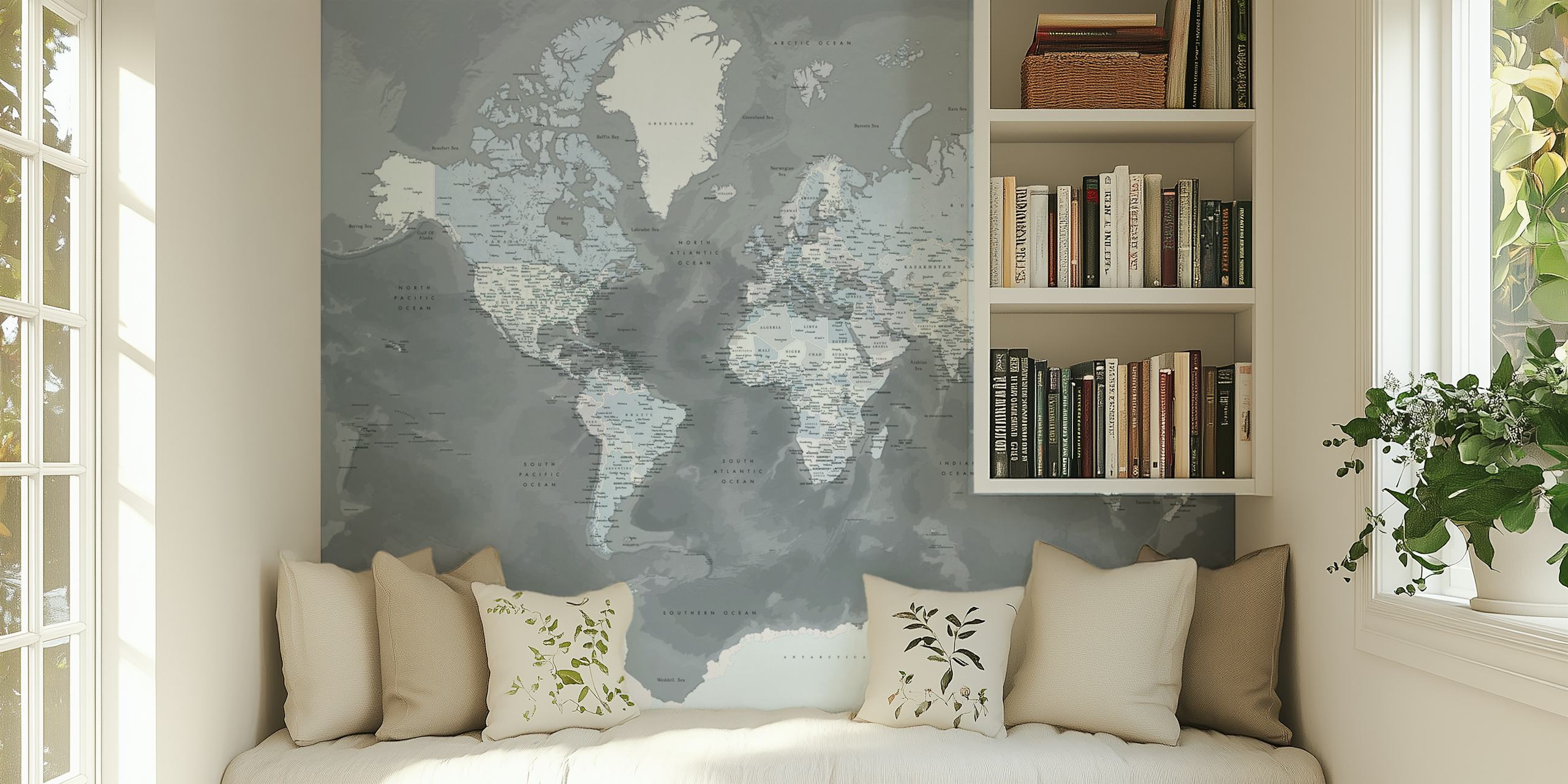 Gray world map design with geometric patterns wallpaper
