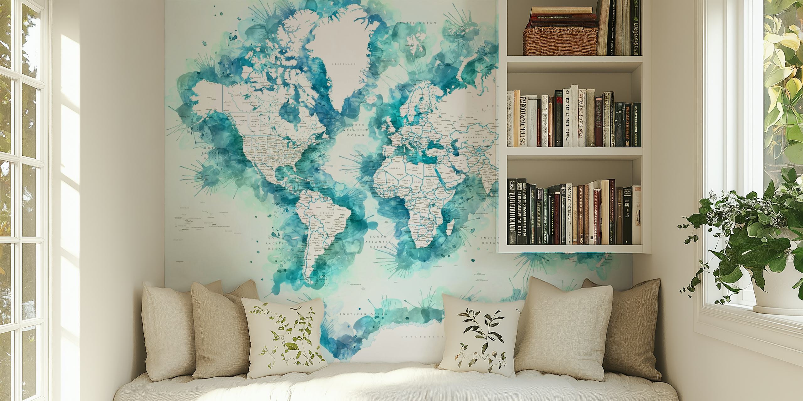 Watercolor world map design with blue splashes and white continents wallpaper
