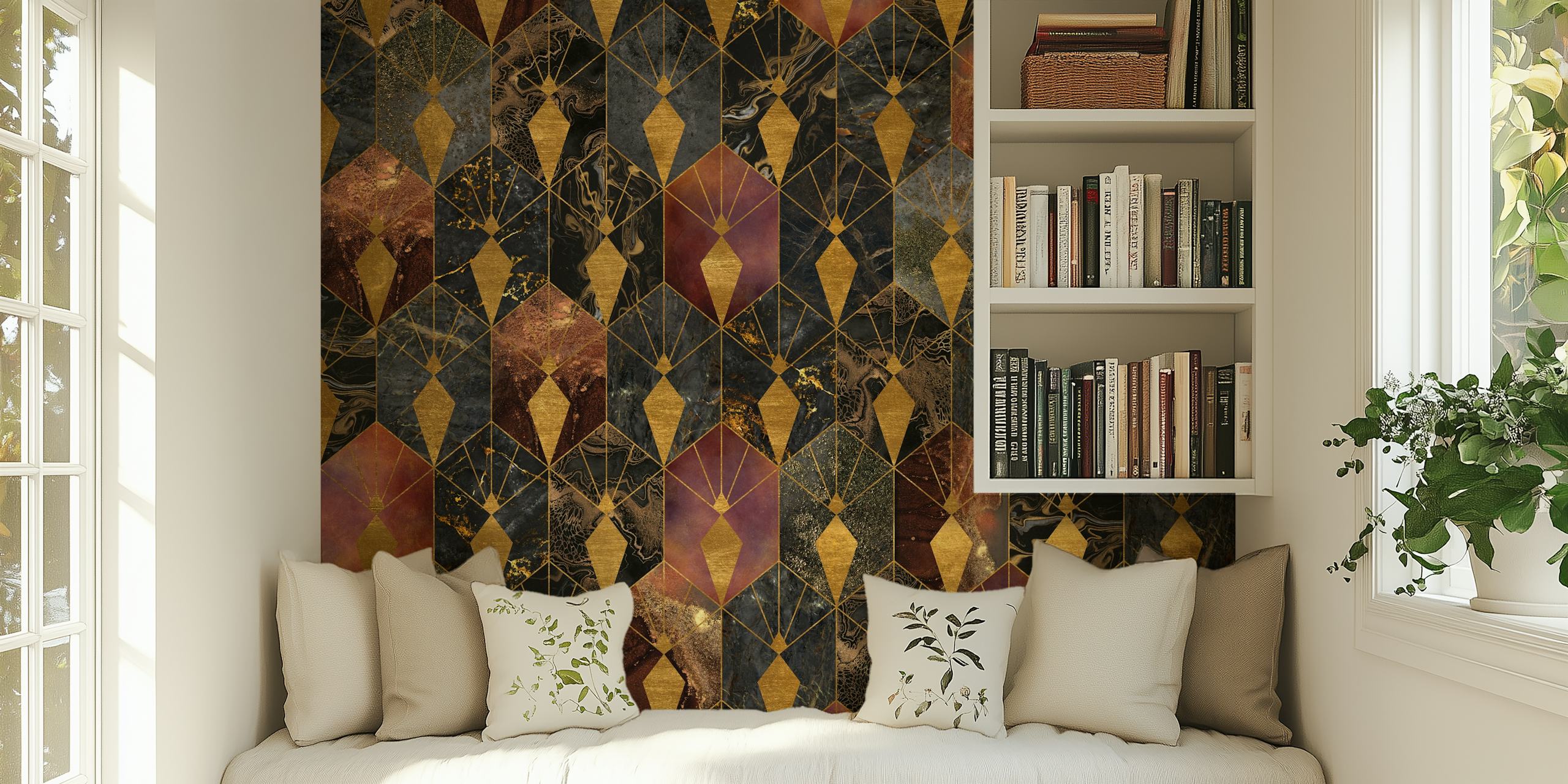 Colorful Hexagons Art Deco Wall Mural with a range of red and gold hues on happywall.com