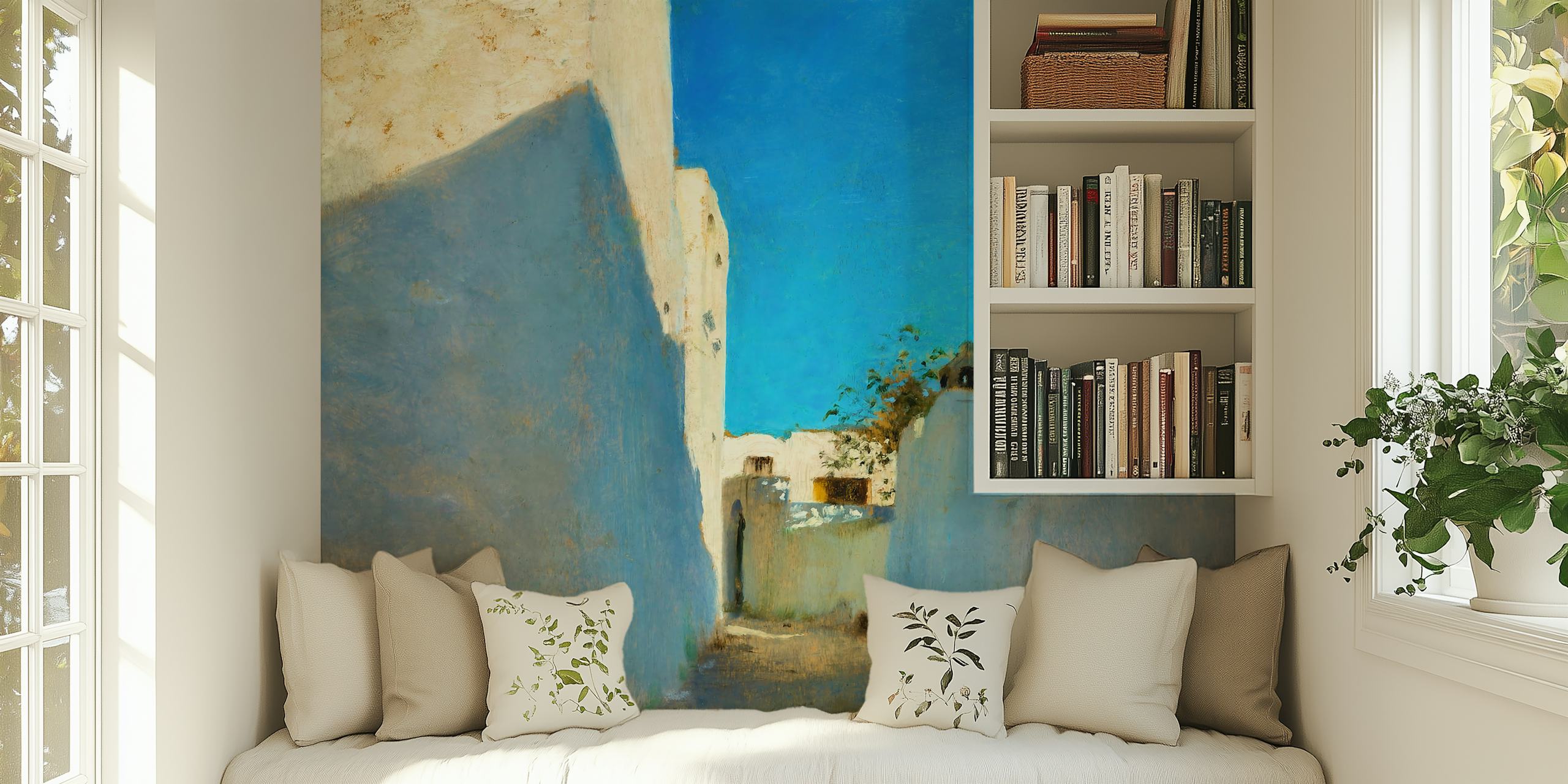 Mediterranean alley scene with blue skies and white buildings wallpaper