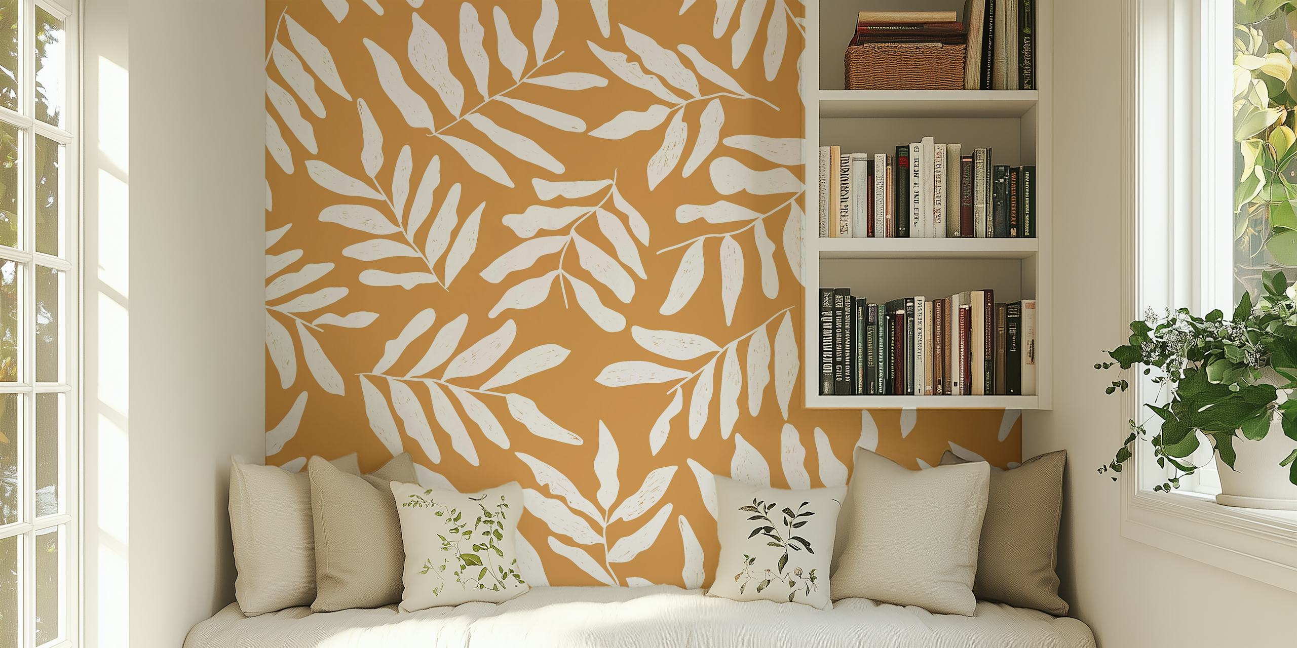 White leaf pattern on warm brown background wallpaper