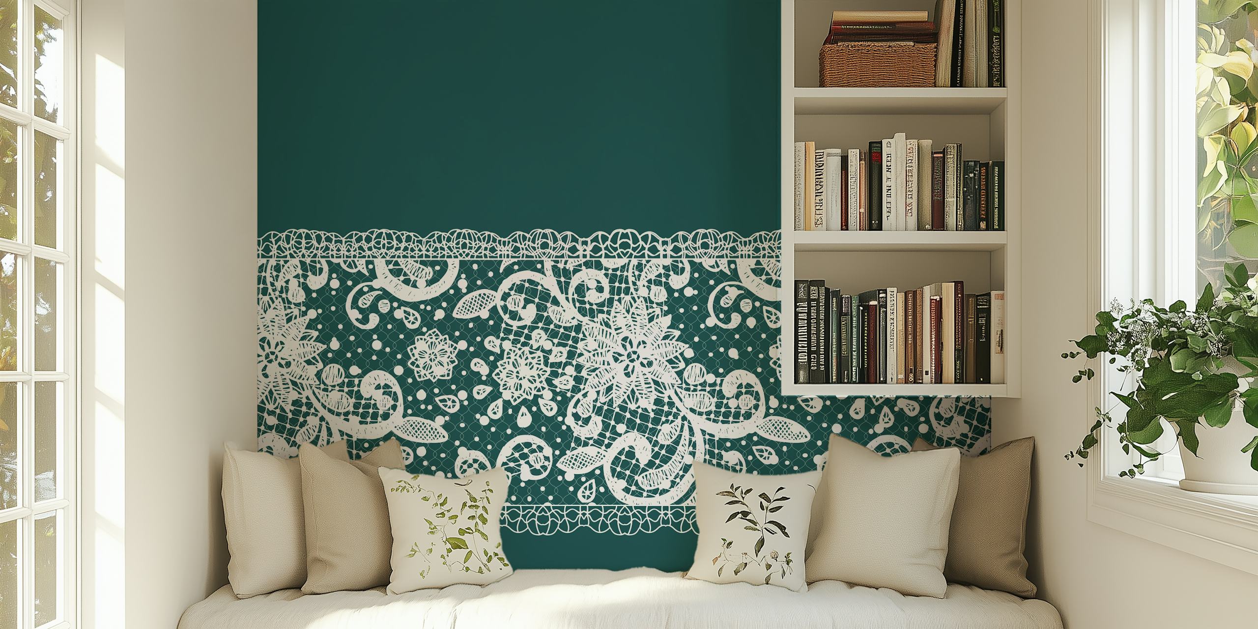 Emerald green background with white intricate lace pattern wall mural
