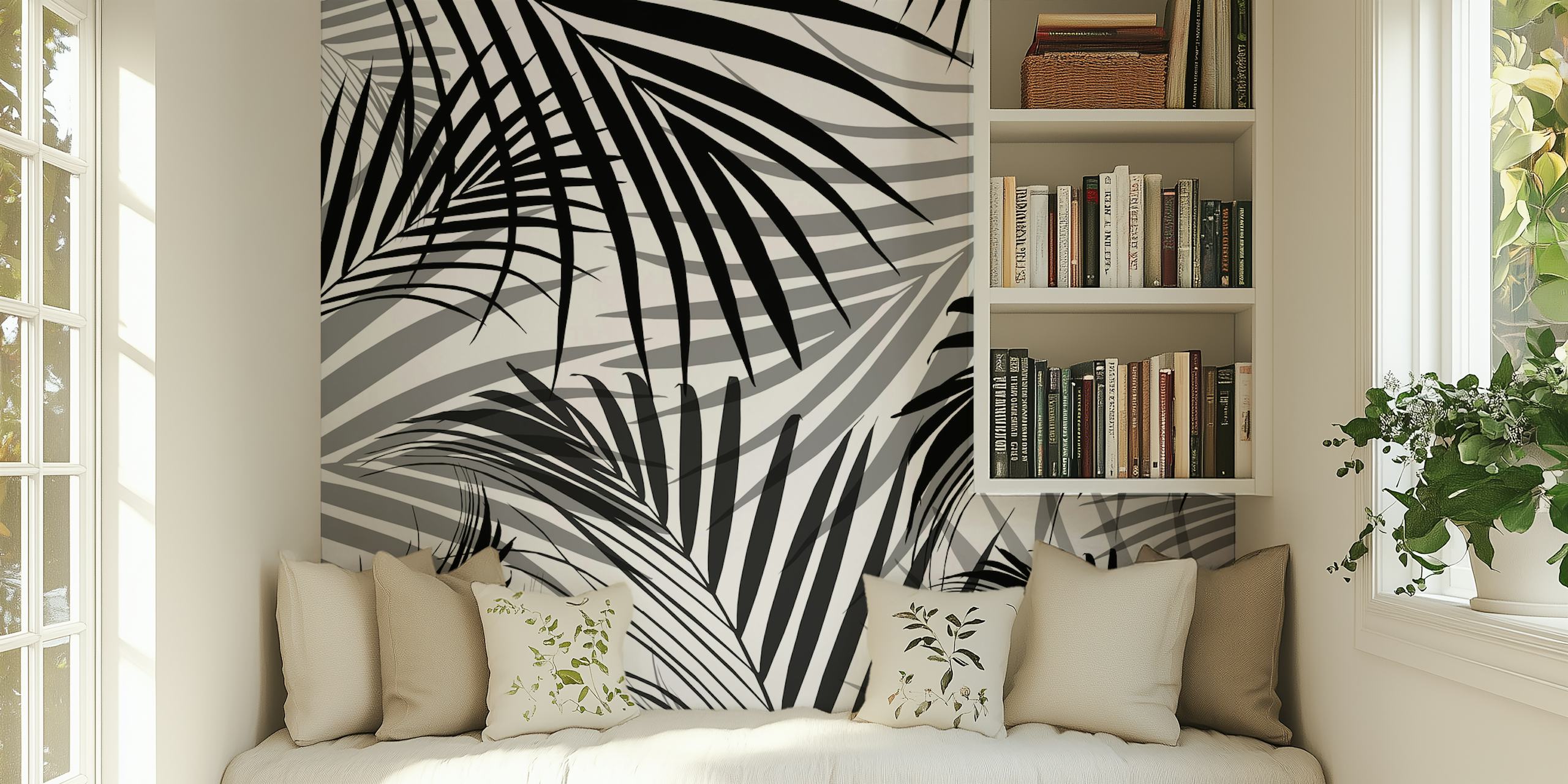 Tropical leaf pattern in black and white wallpaper