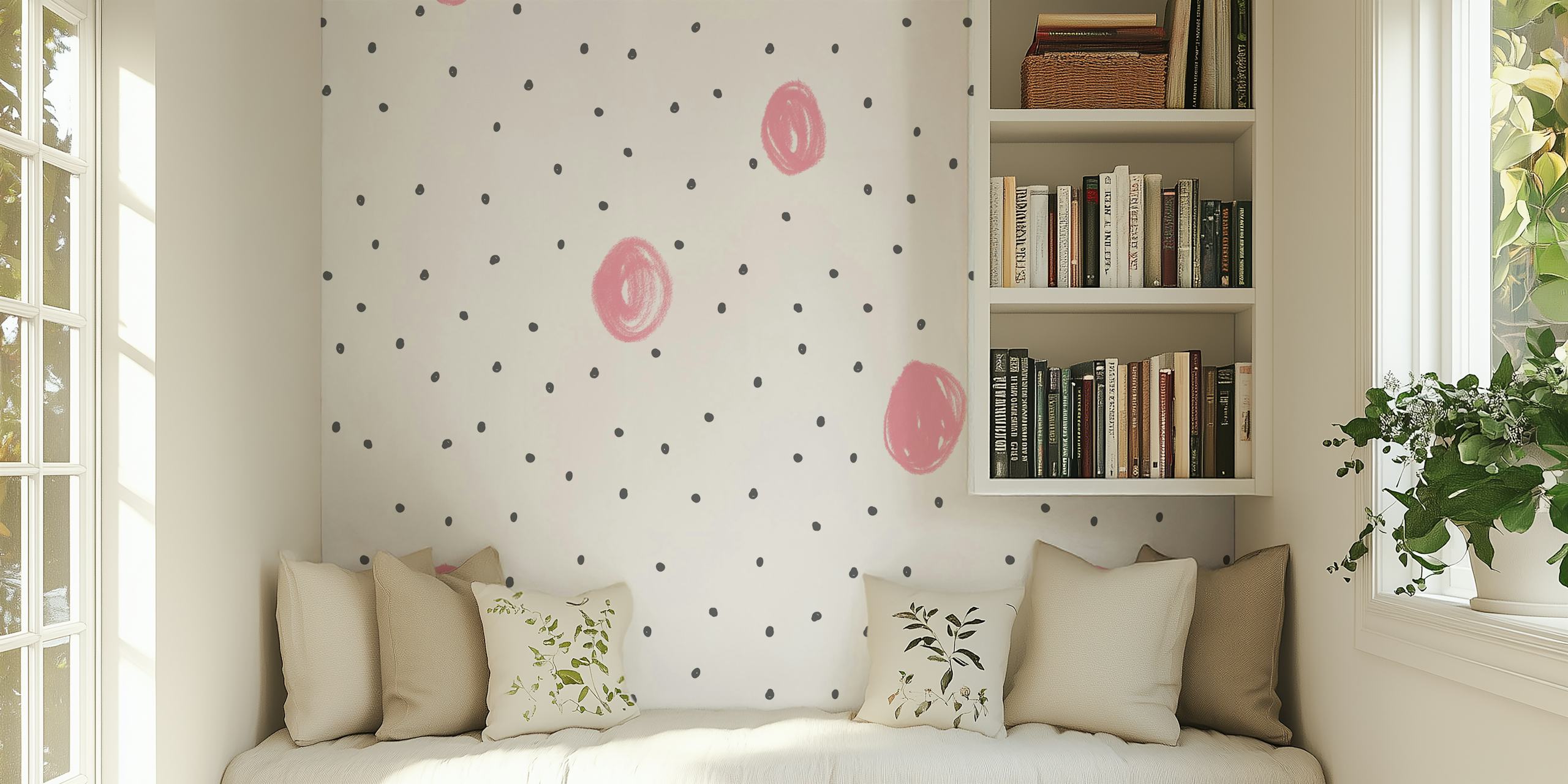 Pink dots on a white background in a playful pattern wallpaper