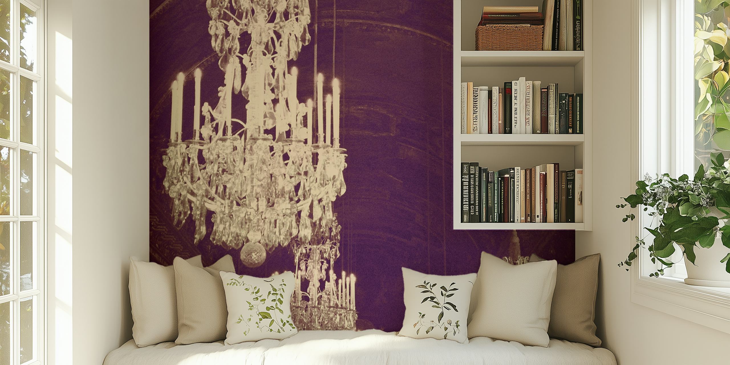 Chandelier in purple hues with crystal accents wallpaper