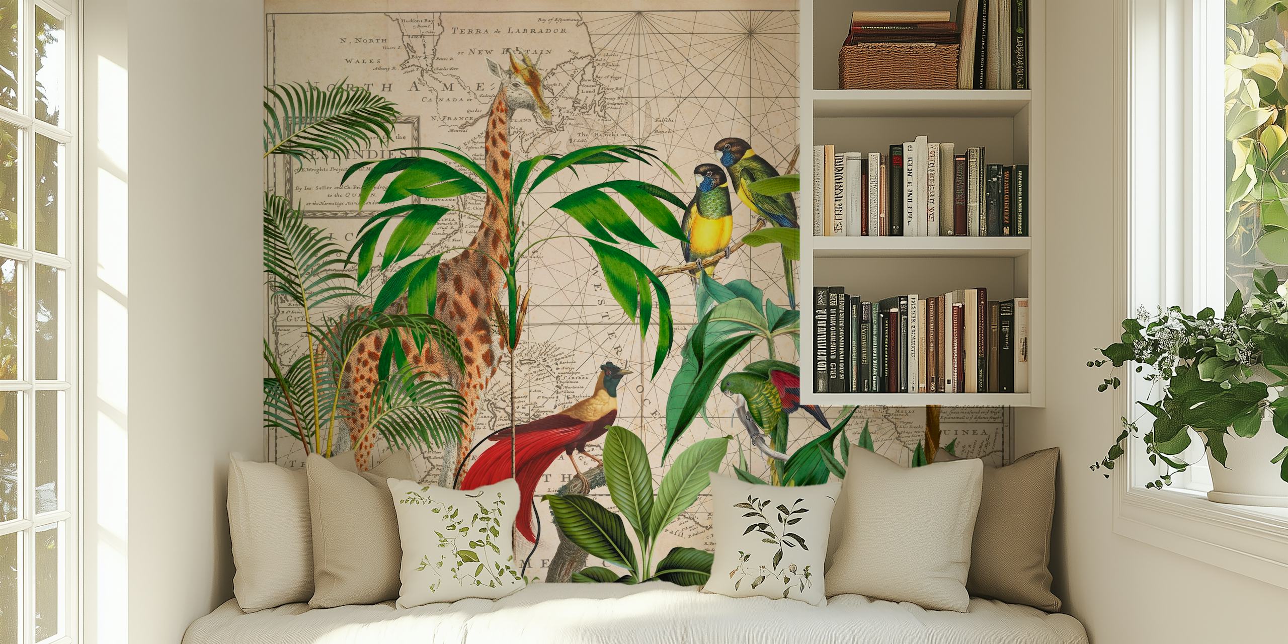 Illustrative wall mural featuring giraffe, exotic birds, and tropical plants on a map background
