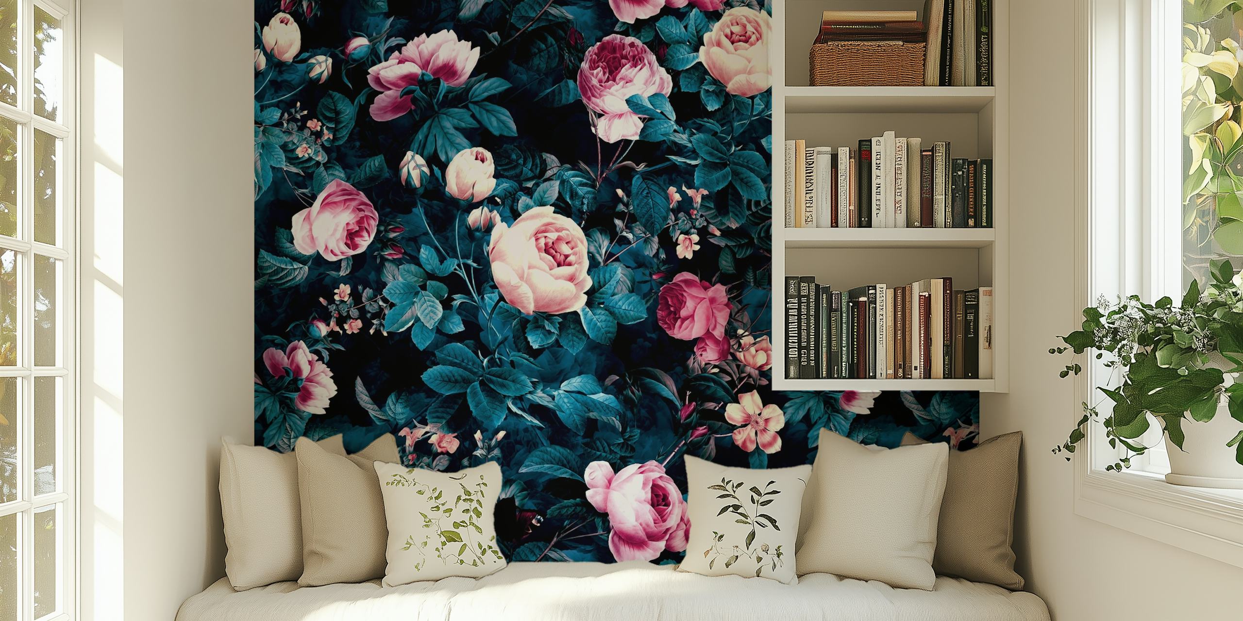 Dark blue floral wallpaper with blooming roses and green leaves
