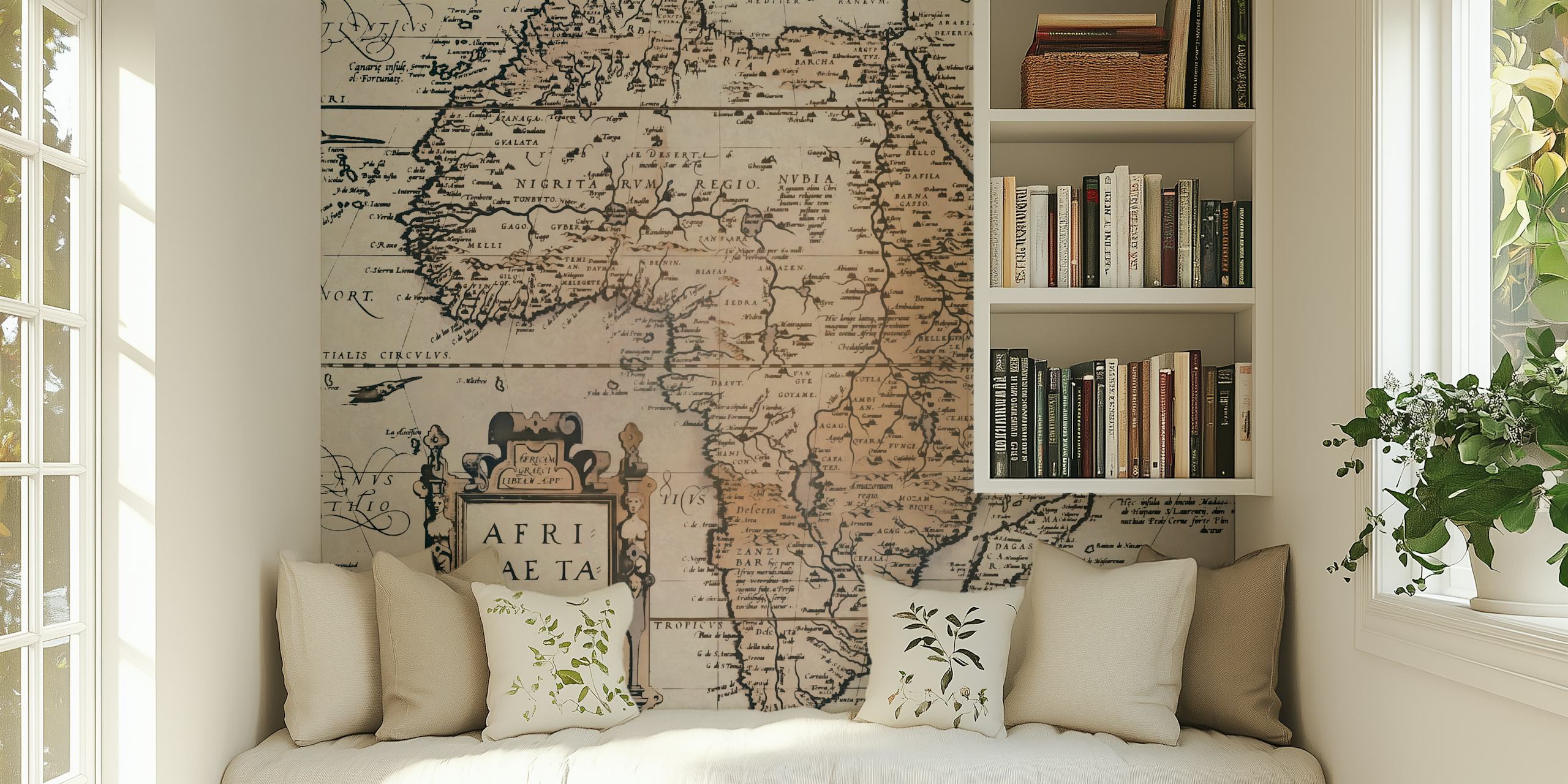 Mural de mapa de estilo antigo da África com detalhes intrincados e charme vintage.