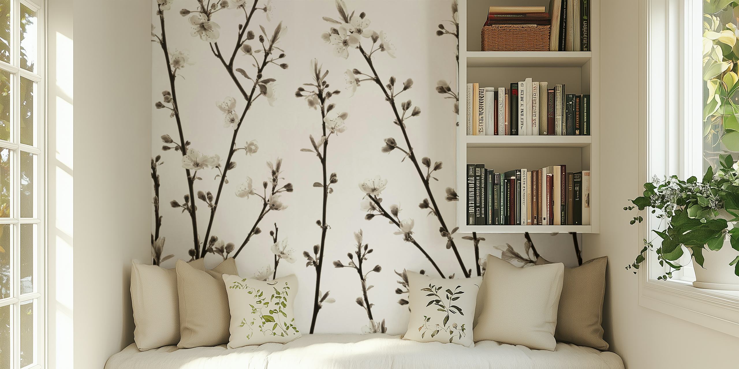 Black and white floral branches wallpaper