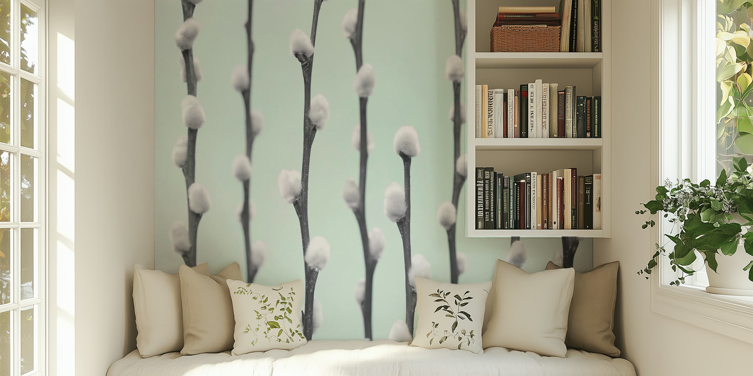White pussy willow twigs with fluffy buds on light mint wallpaper